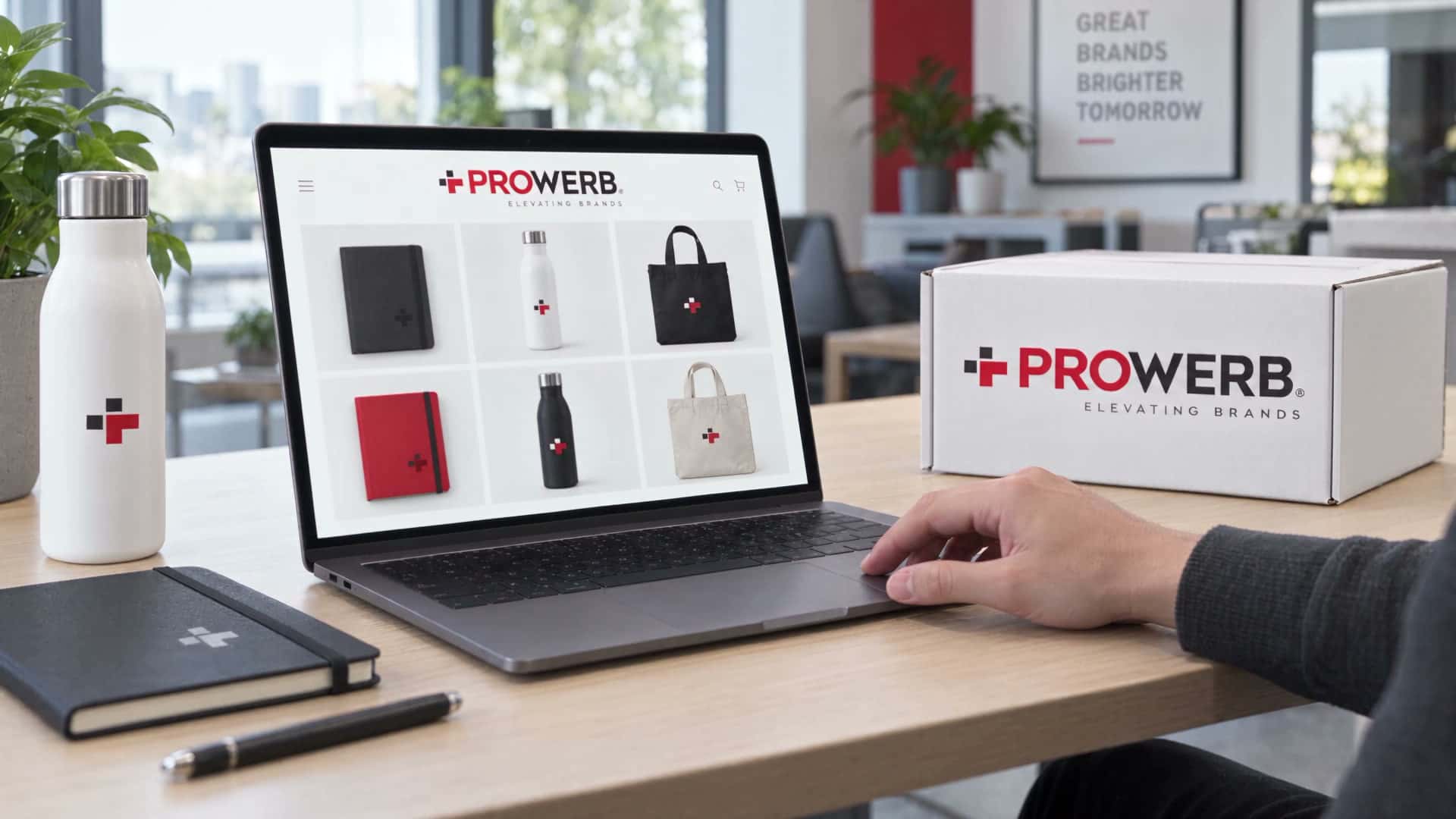 Digitaler Werbemittelkatalog, passende Produkte und PROWERB-Versandverpackung an einem modernen Arbeitsplatz.
