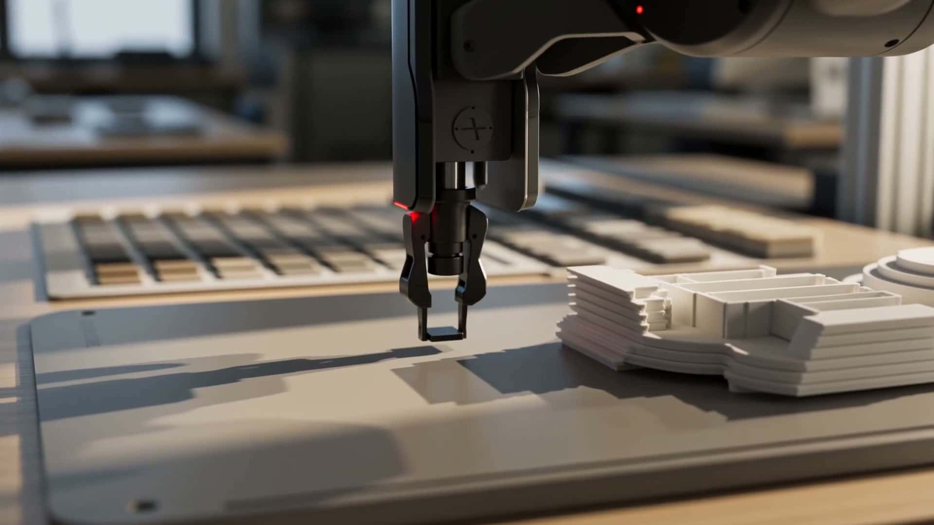 Szenische Ablaufvisualisierung von Robotik, NFC-Komponenten und Prototyping im Lab-Kontext.