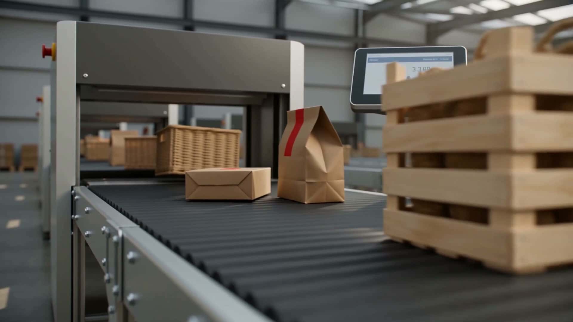 Szenische Ablaufvisualisierung eines materialbewussten Verpackungs- und Versandprozesses.