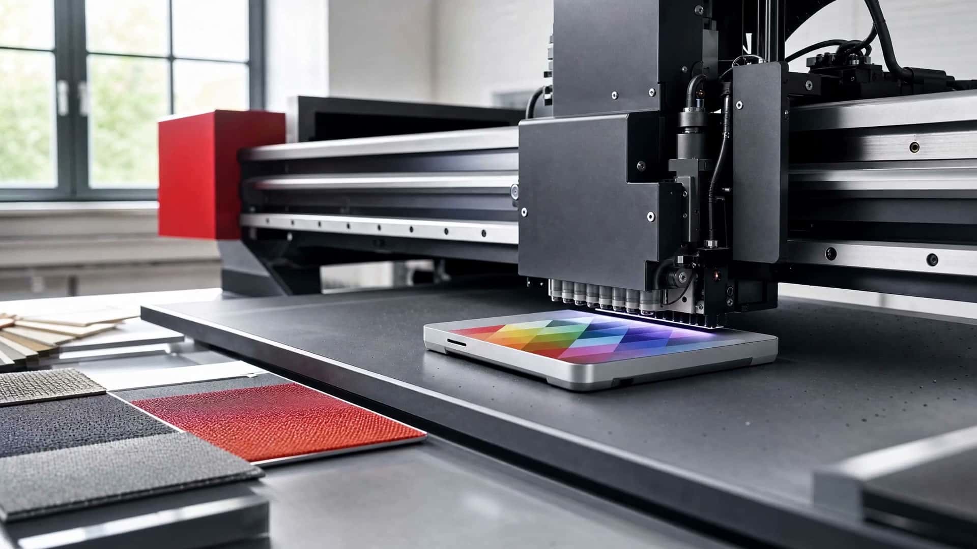 Szenische Ablaufvisualisierung eines präzisen UV-Druckprozesses auf einem Musterobjekt.