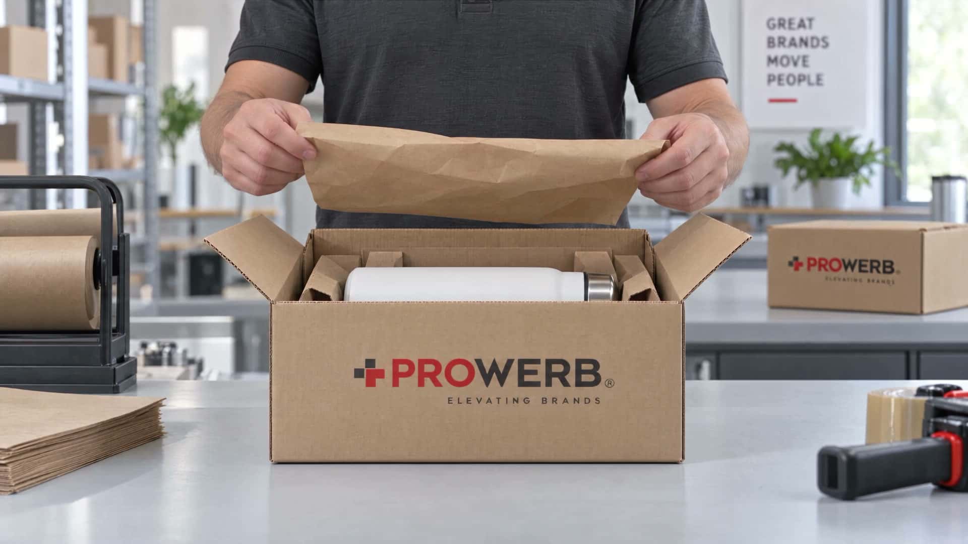 Eine Trinkflasche wird mit passender Papiereinlage und Papierpolster in einem PROWERB-Versandkarton verpackt.