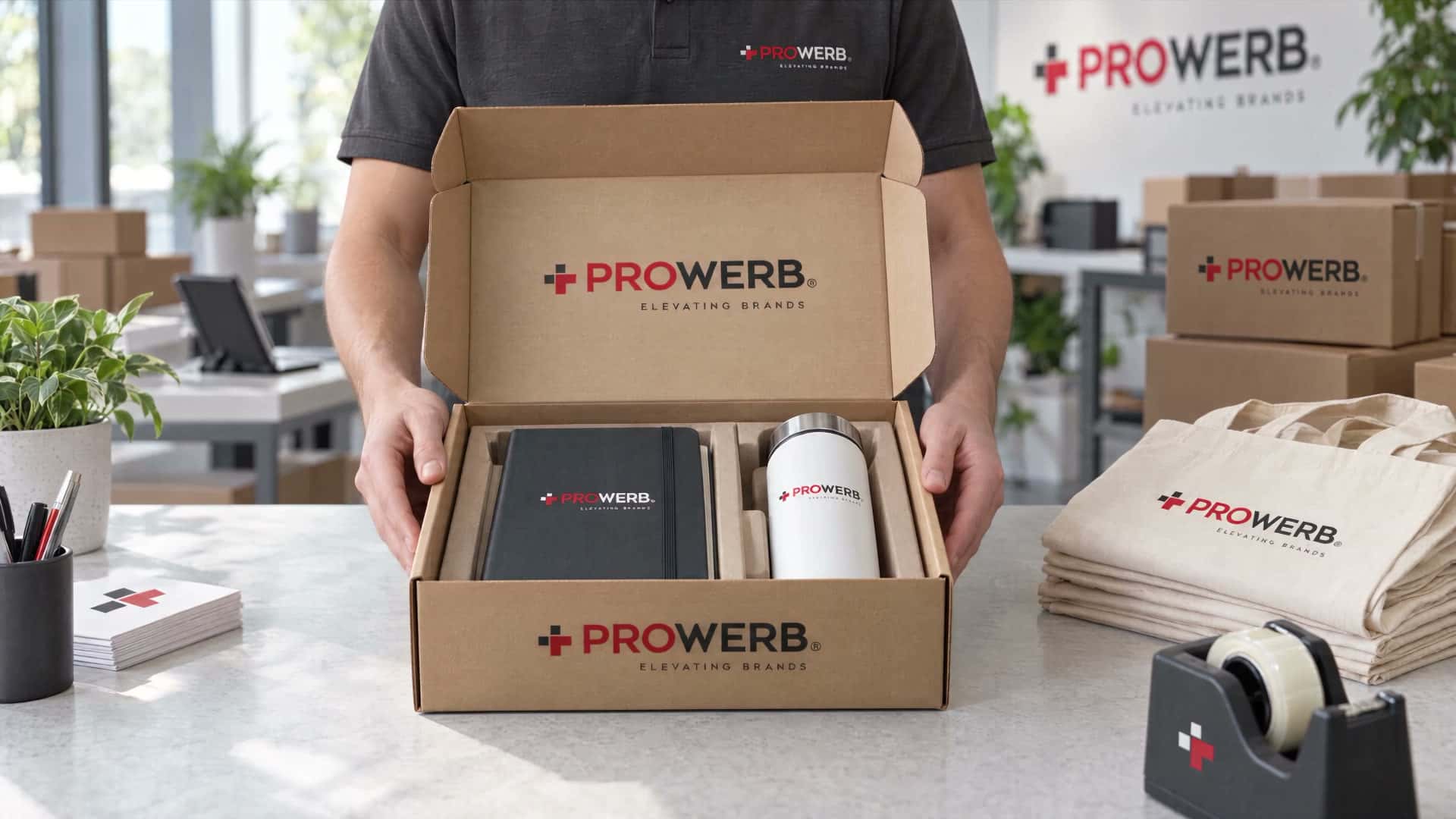 Ein vorbereitetes PROWERB-Werbemittelset mit Notizbuch und Trinkbecher am hellen Packplatz.