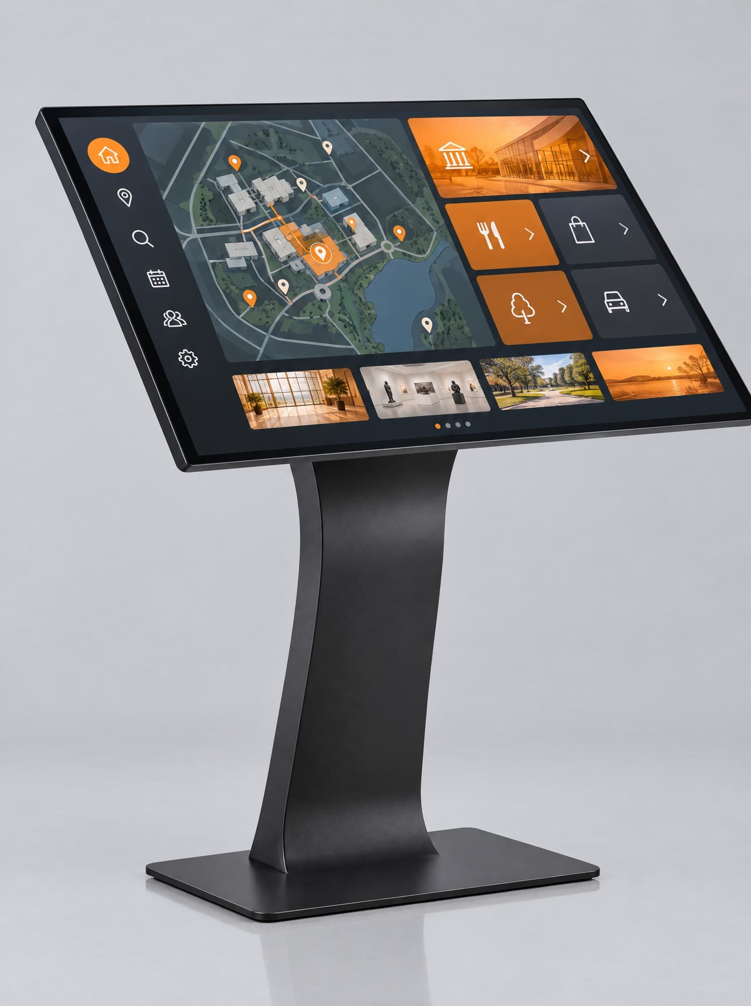 Information kiosk with a large angled touchscreen on a pedestal.