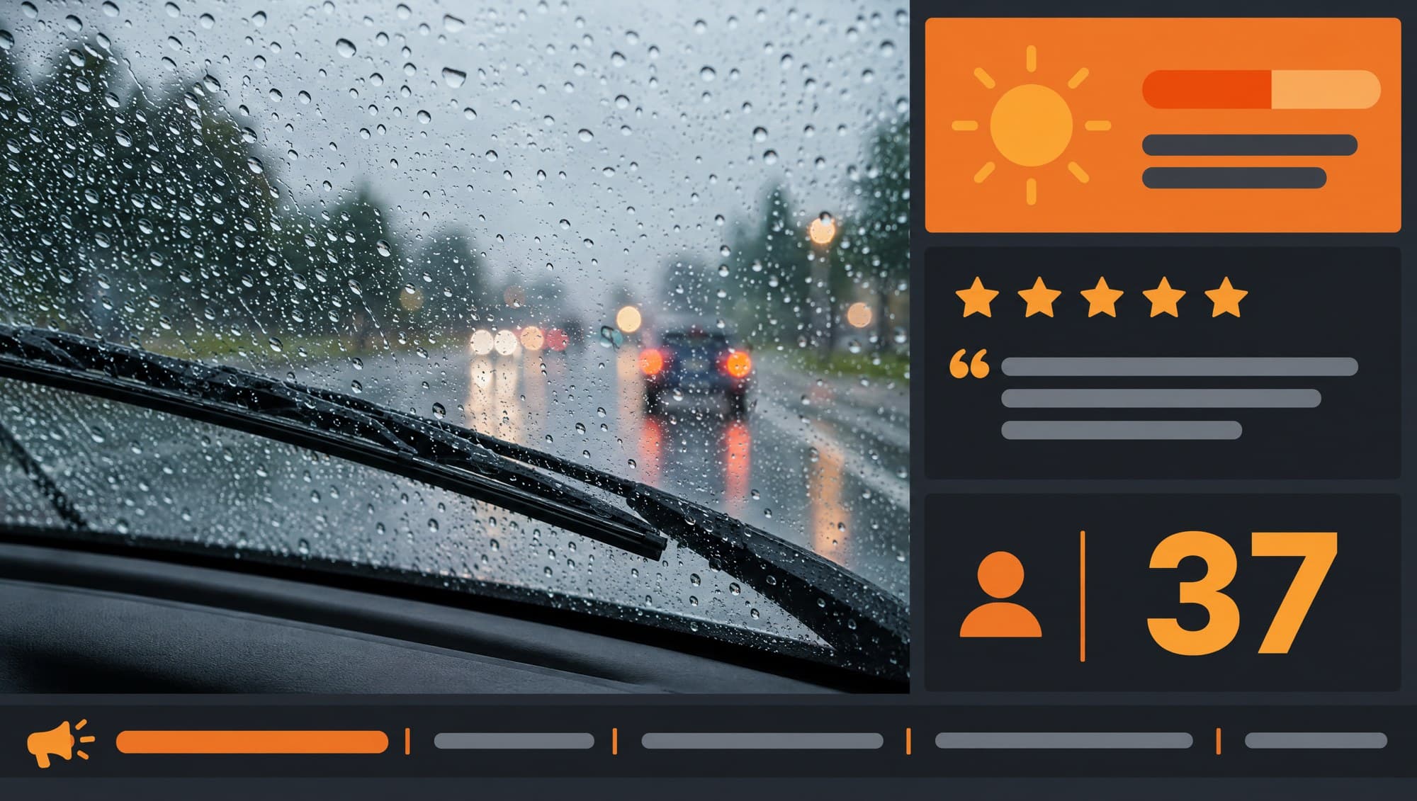 Example display layout with a main campaign, weather, review, queue number and news ticker.