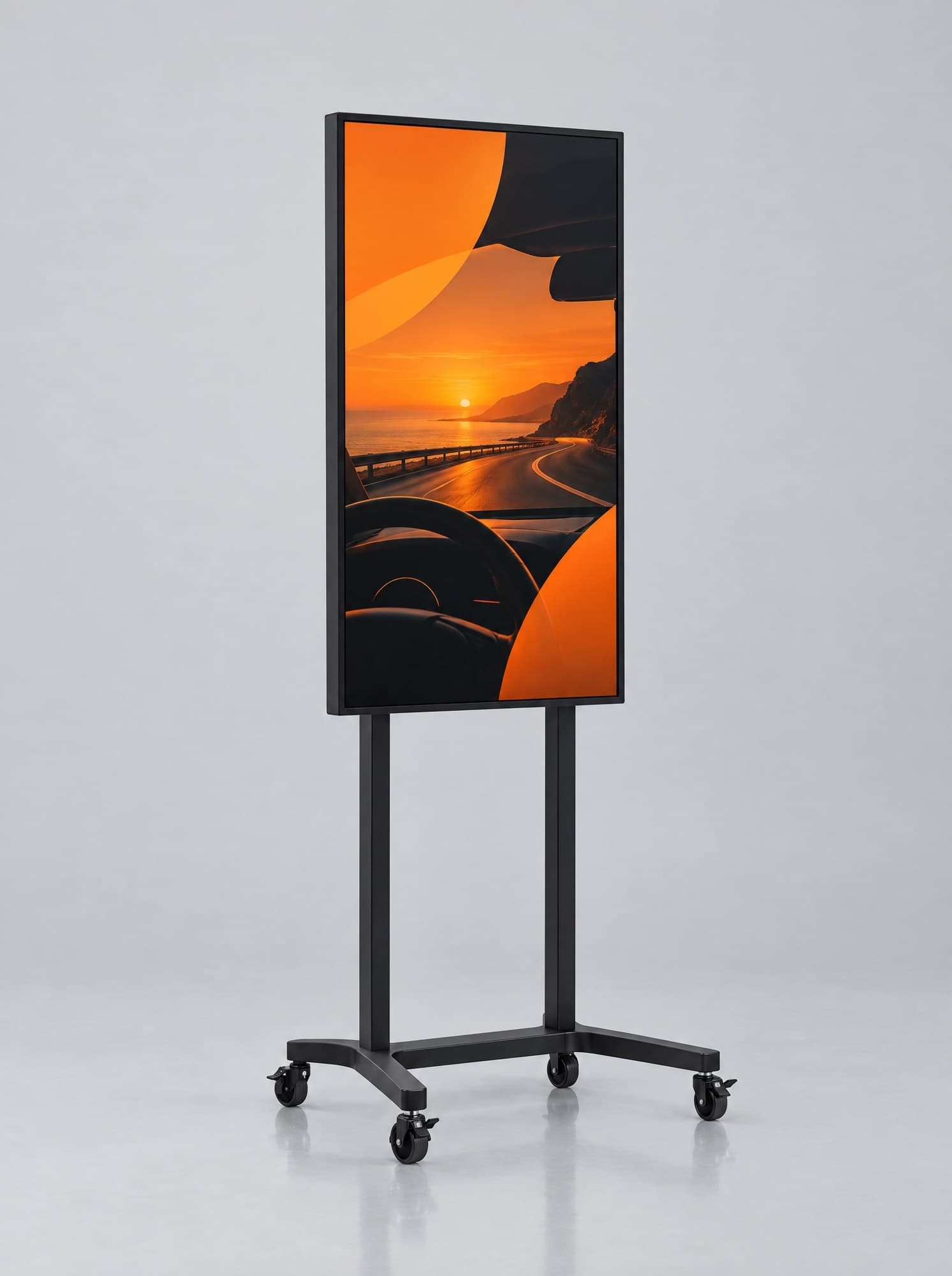 Slim portrait digital display on a wheeled base.
