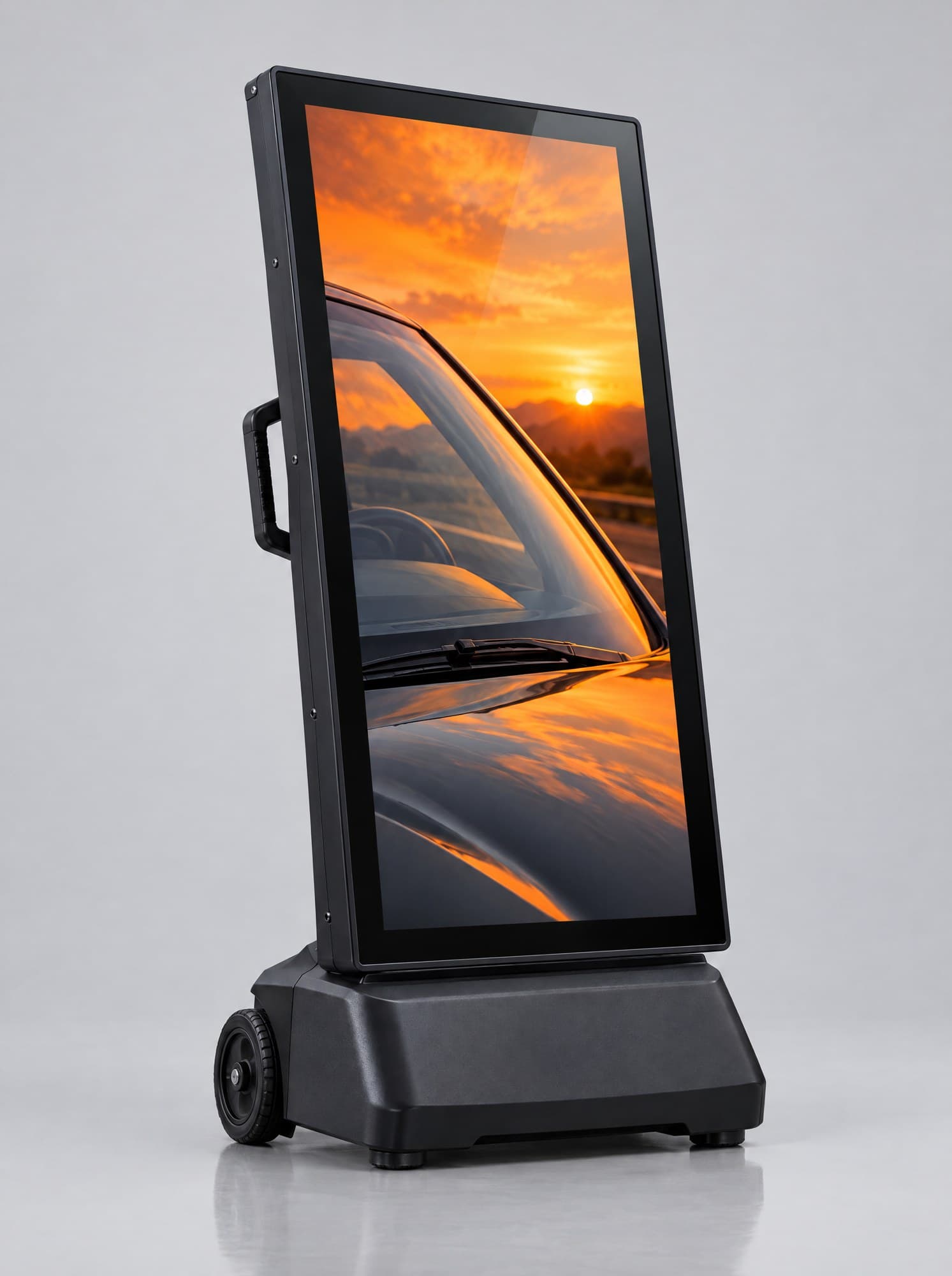 Battery-powered digital pavement sign with wheels and a stable base.