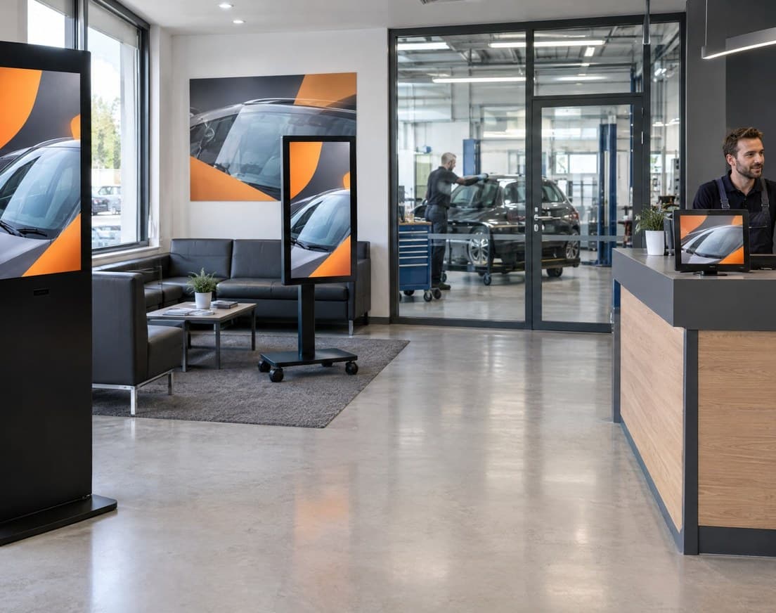 Touch kiosk, mobile display and counter display in a reception and waiting area.