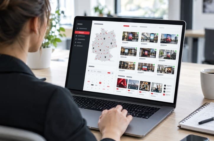Laptop view for centrally managing locations, devices and campaigns.