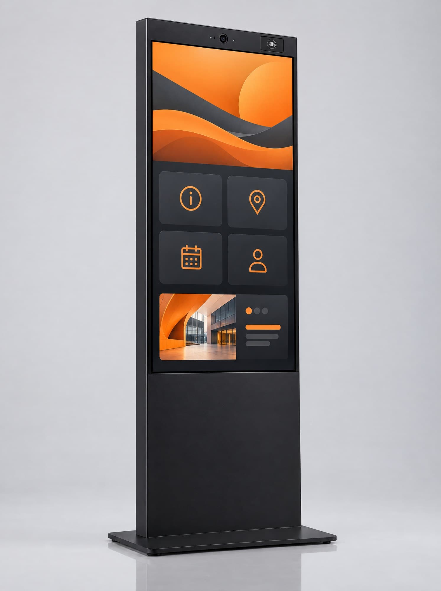 Freestanding black 55-inch touch kiosk with an interactive interface.
