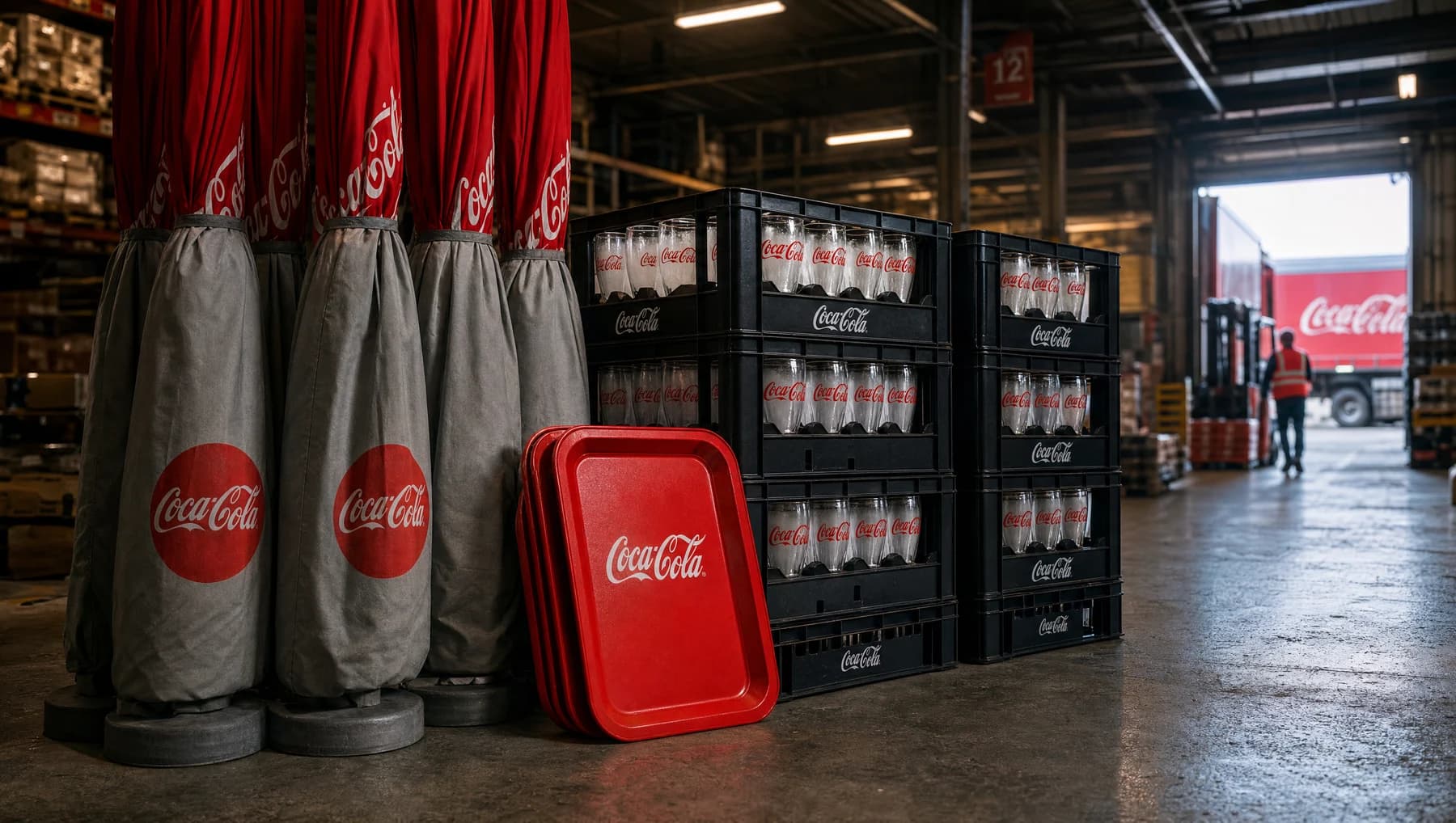 Coca-Cola-Gastronomieausstattung mit roten Schirmen und Gläsern in der Versandvorbereitung.