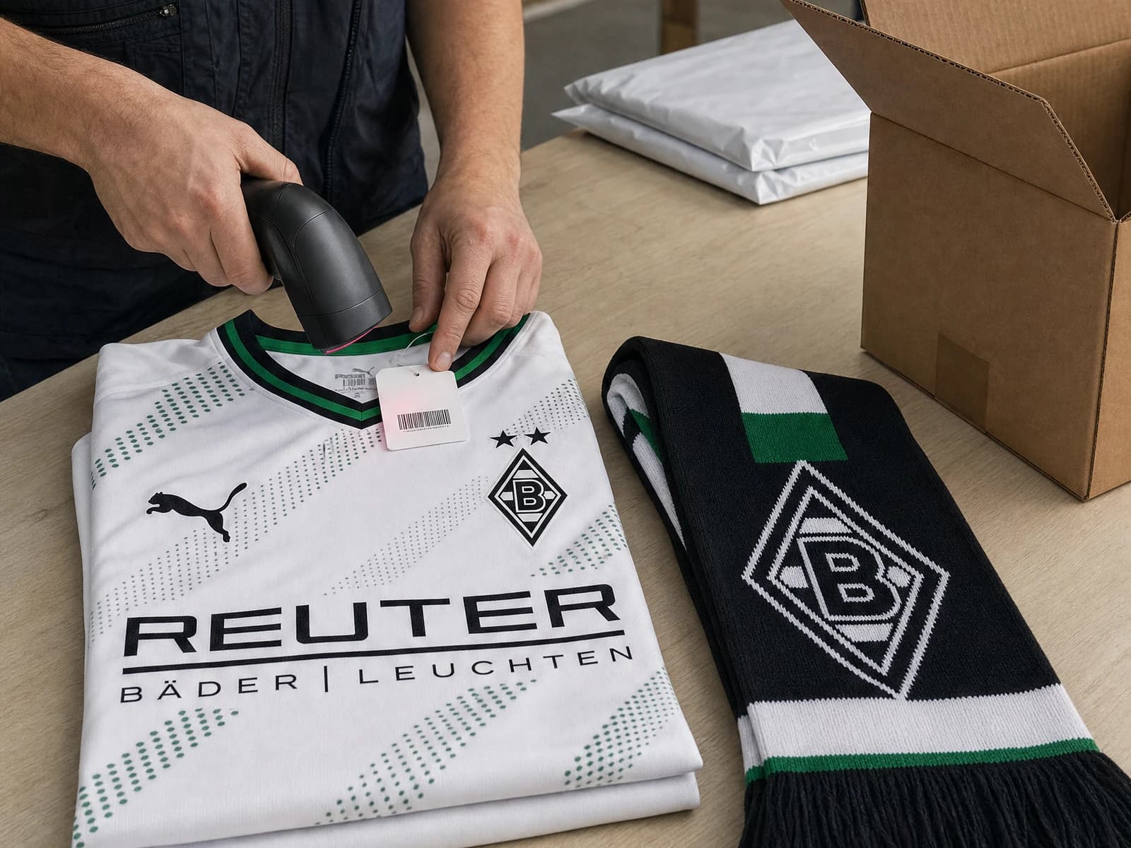 Ein Borussia-Mönchengladbach-Trikot wird am Packplatz gescannt und mit einem Fanschal für die Bestellung vorbereitet.