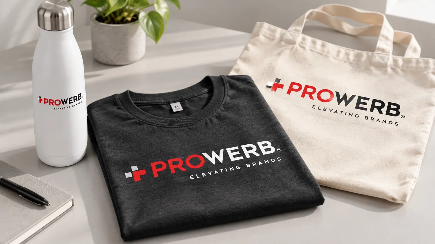 PROWERB-Shirt, Baumwolltasche und Flasche als geordnete Sortimentsmuster.
