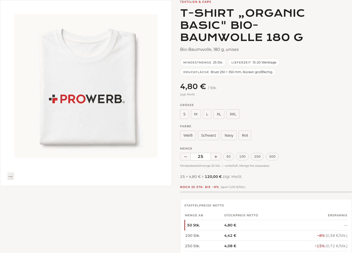 Produktansicht im Agora-Shop mit Varianten, Menge und Preis.