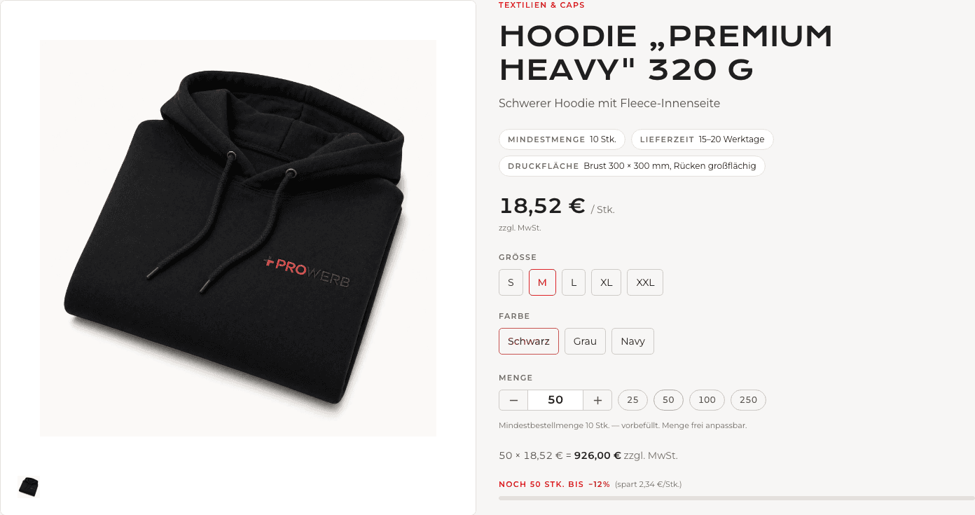 Produktansicht eines Agora-Shops: Größe, Farbe und Menge bestimmen die Auswahl und den angezeigten Preis.