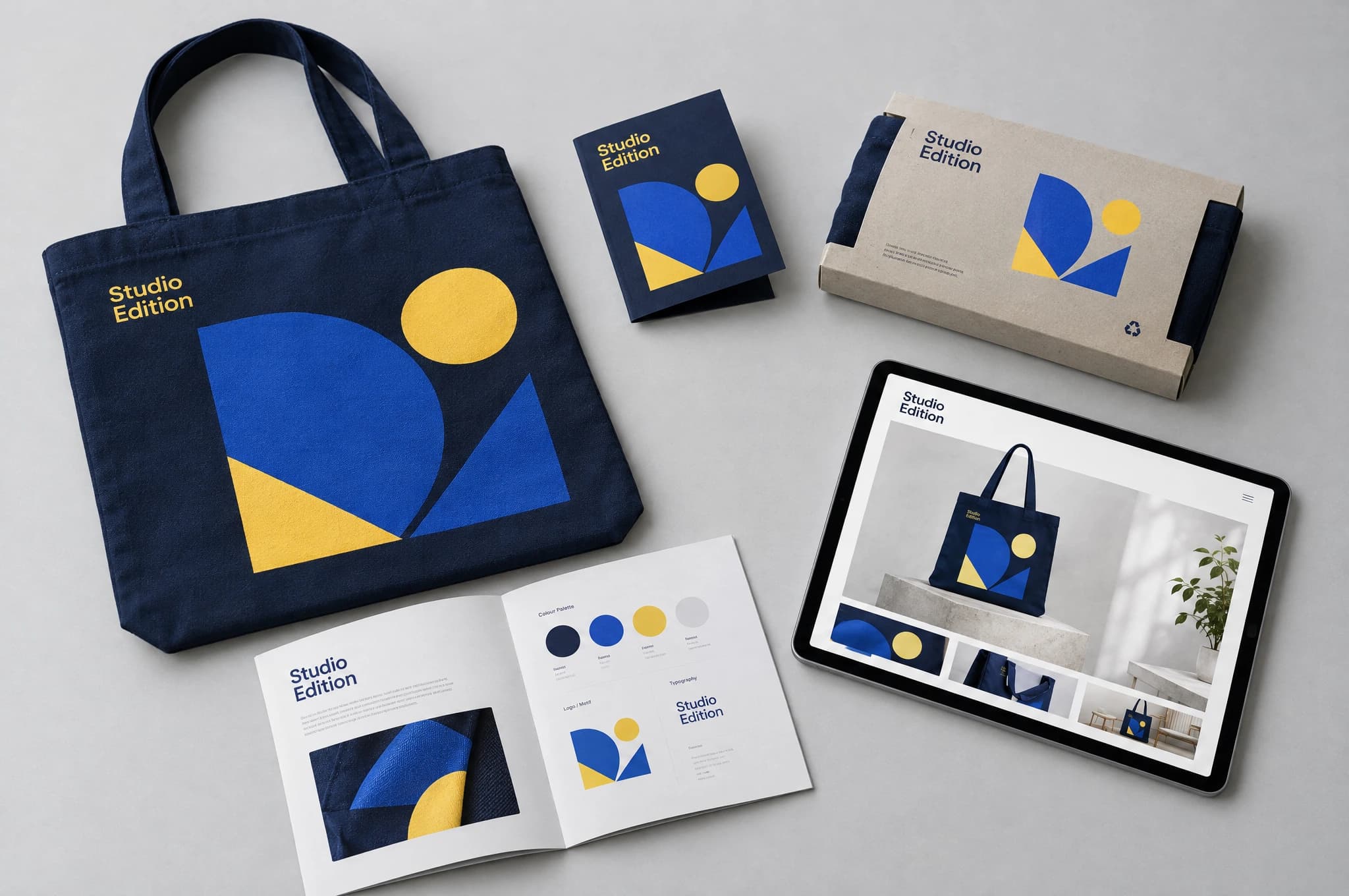 Gestaltungsbeispiel: ein Motiv auf Tragetasche, Produktseite, Verpackung und Markenleitfaden.