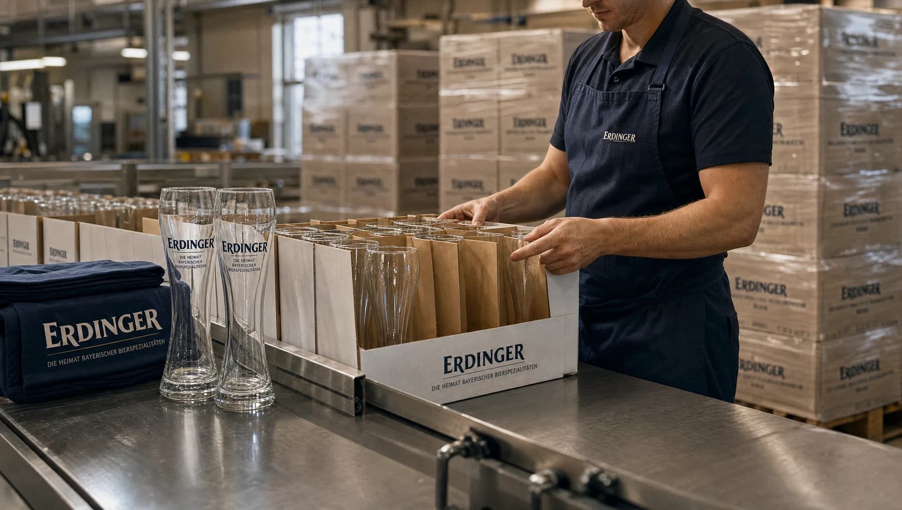 Erdinger-Gläser und Aktionsmaterial auf einer Konfektionierungslinie.