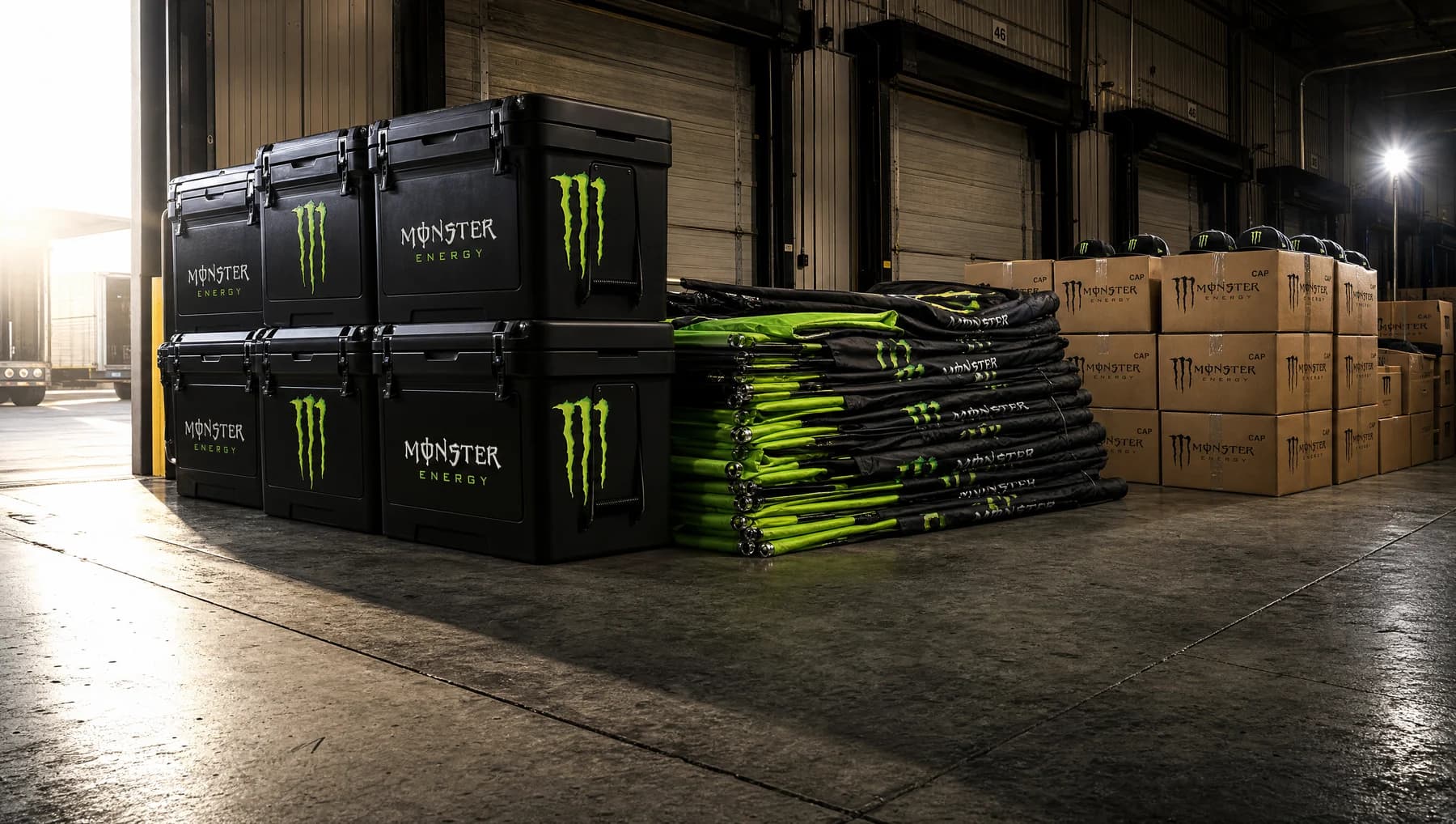 Monster-Energy-Aktionsmaterial mit Kühlboxen, Fahnen und Caps in einer Versandzone.