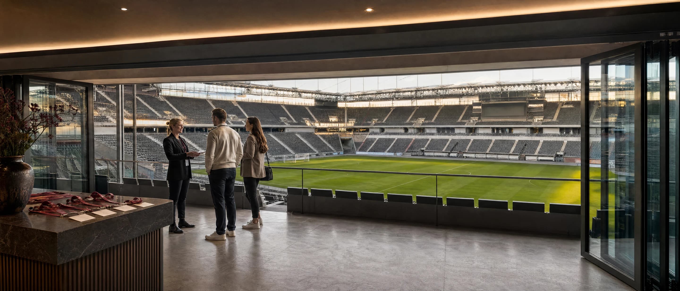 Eine Gastgeberin begrüßt Gäste in einer Stadionloge mit Blick auf das Fußballfeld.