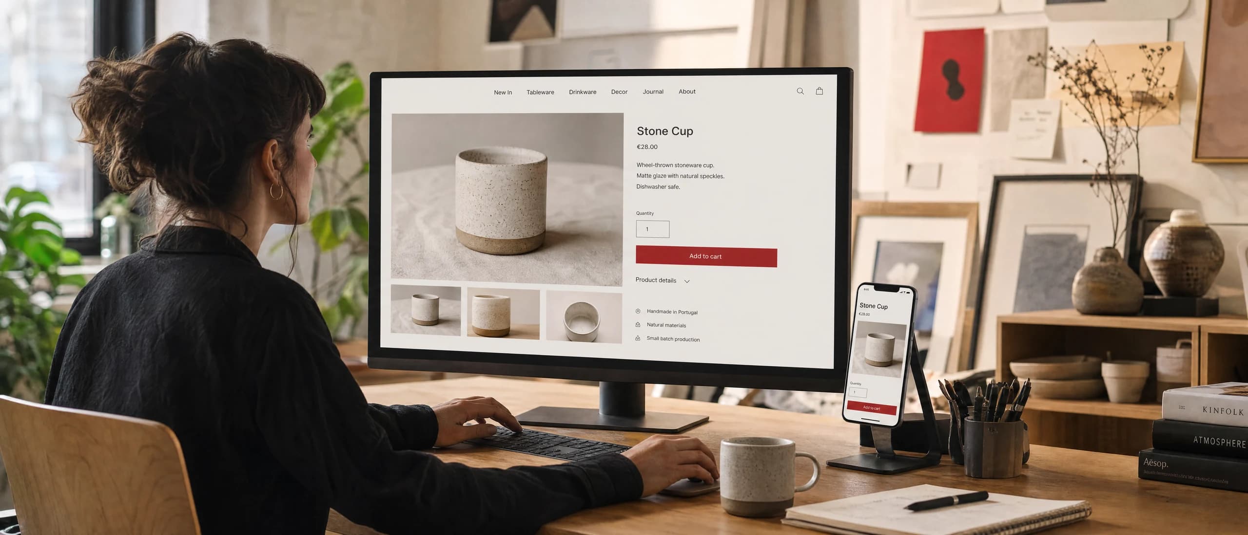 Eigener Markenstore auf Desktop und Smartphone mit passendem Produktmuster.