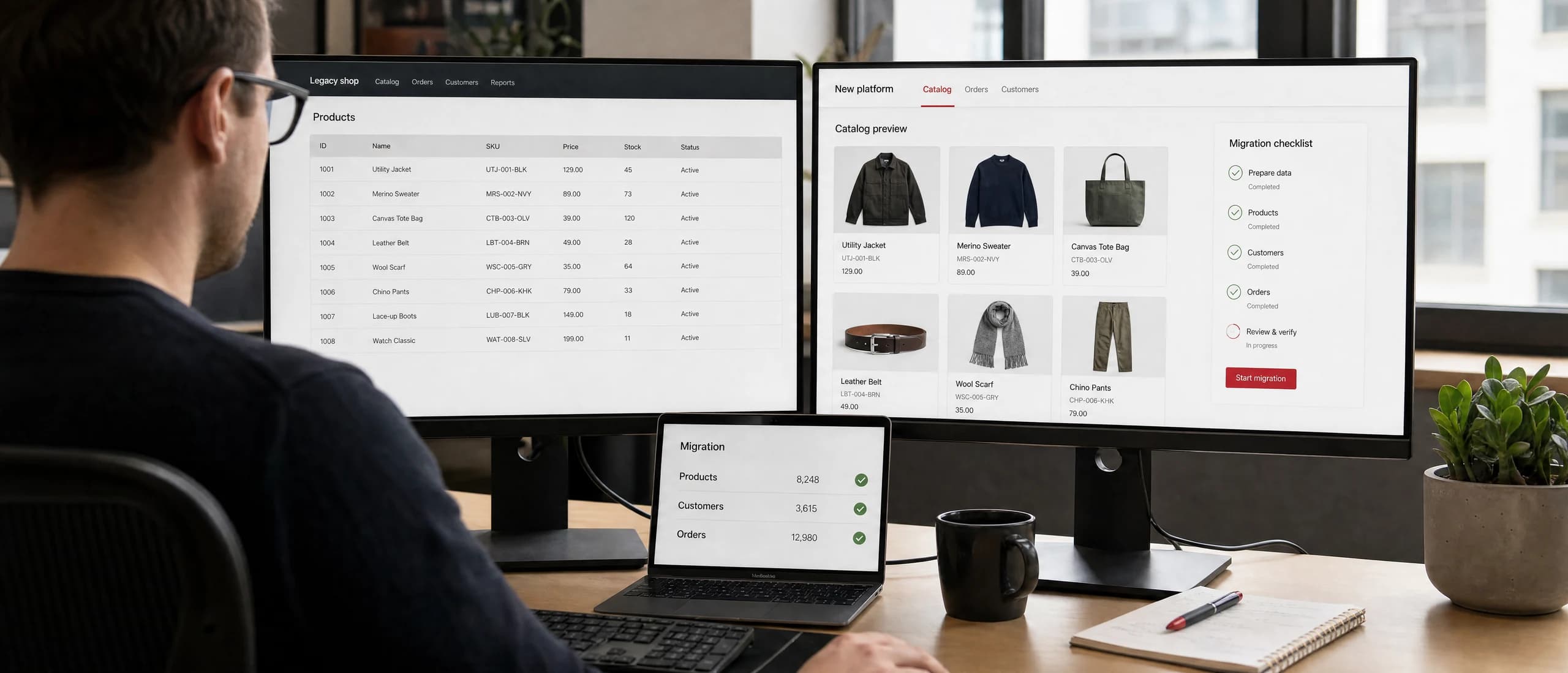 Katalogdaten und Shopansichten beim Plattformwechsel vergleichen.
