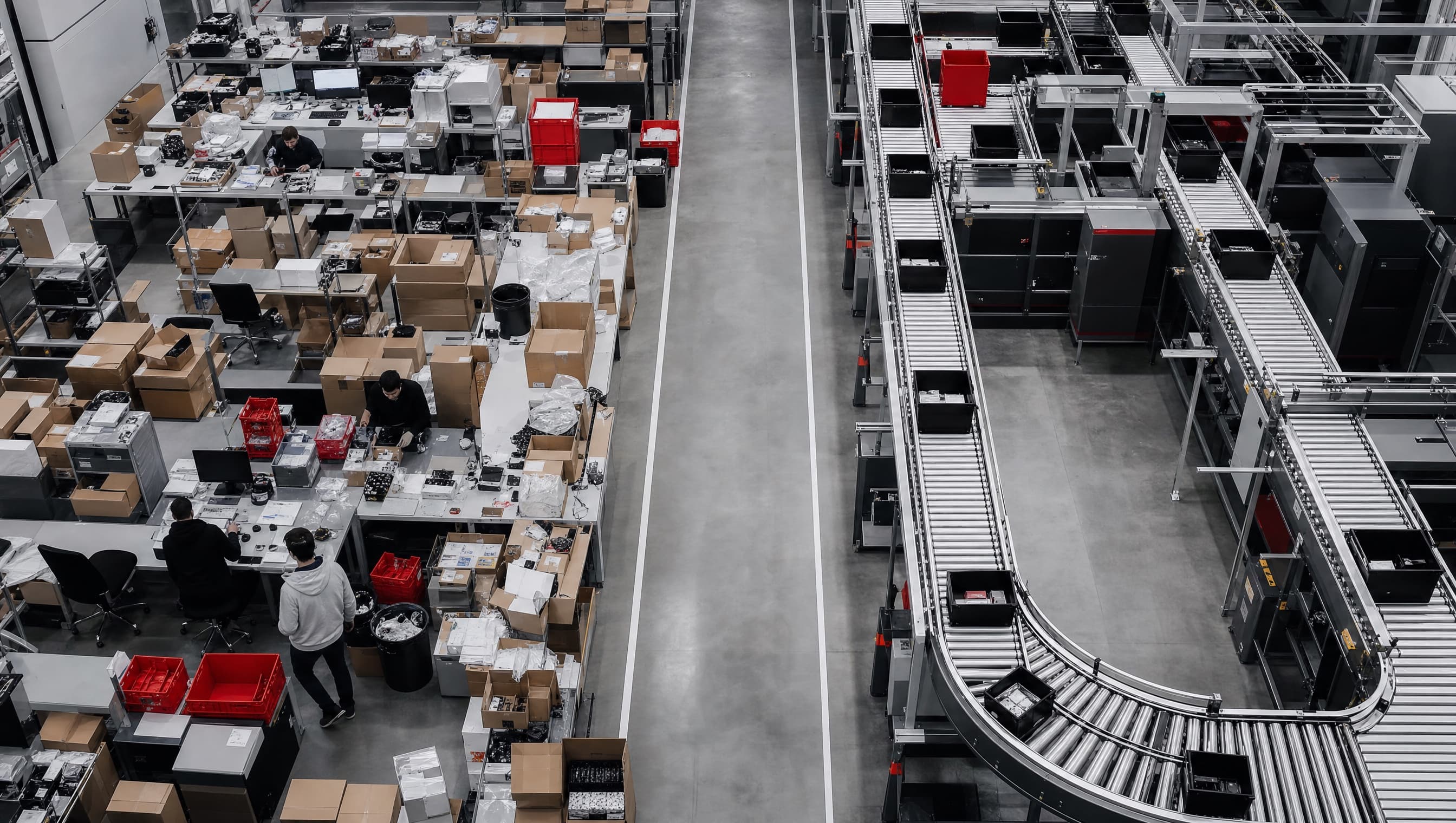 Arbeitsplätze und Fördertechnik in einer Logistikhalle