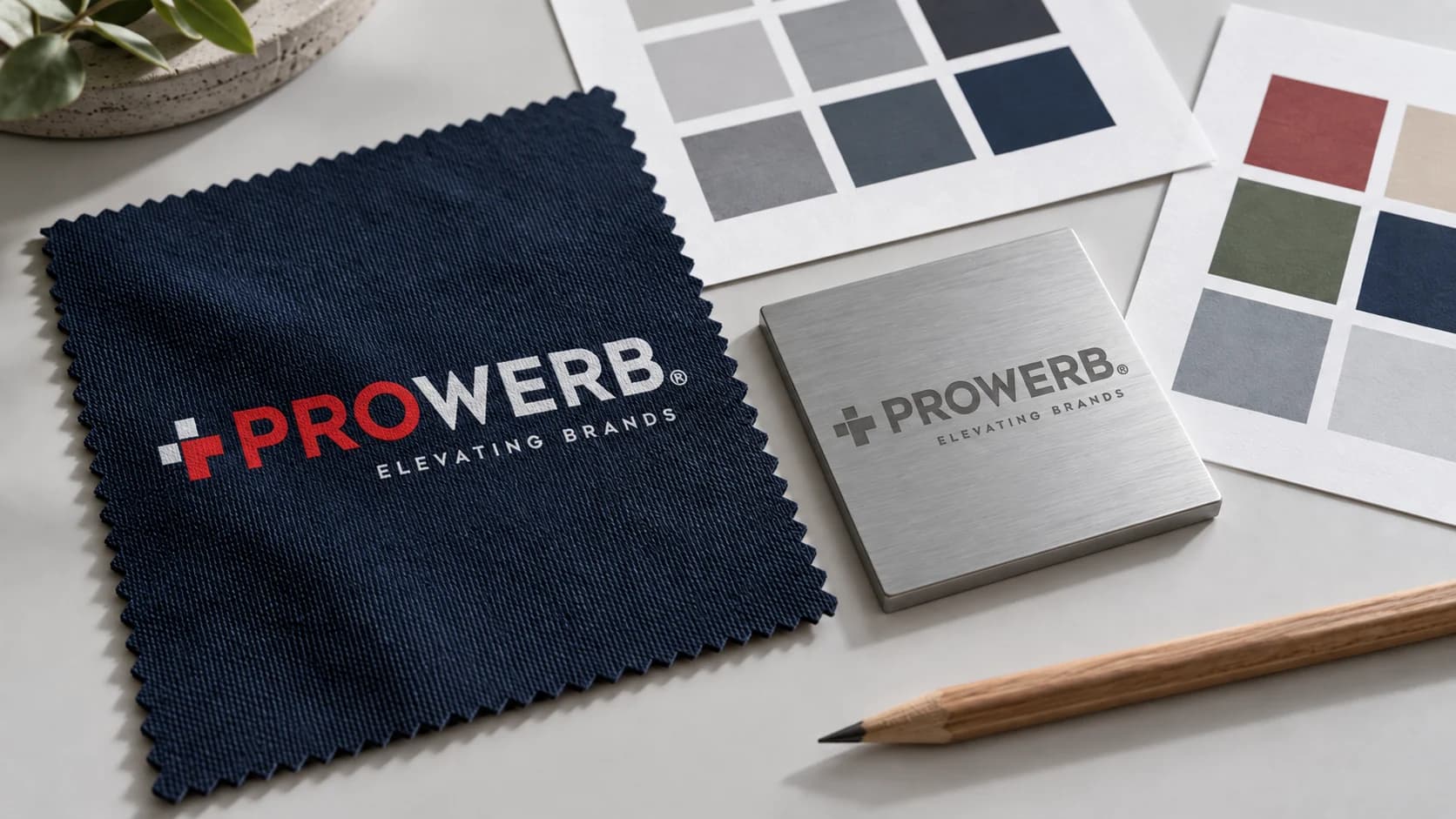 PROWERB-Logo auf Stoff und Metall neben Farbfeldern zur Materialabstimmung.