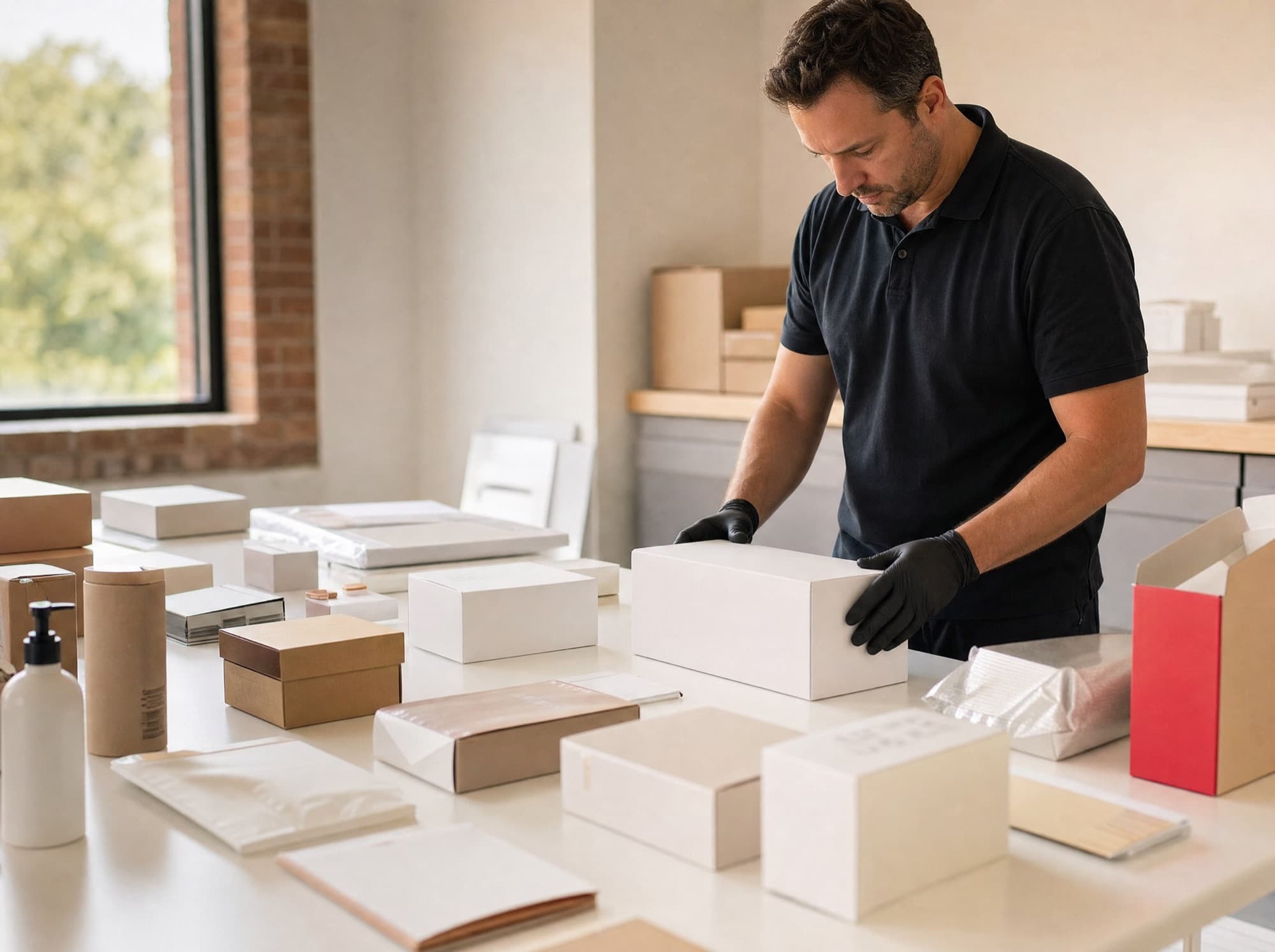 An employee assembles promotional products and packaging at a packing table.