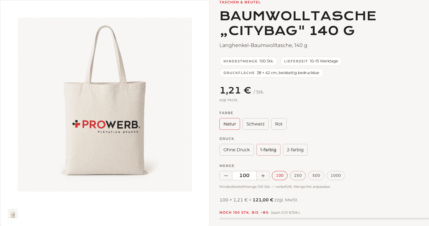 So kann Ihre Produktauswahl aussehen: Farbe, Druck und Menge direkt am Artikel wählen.