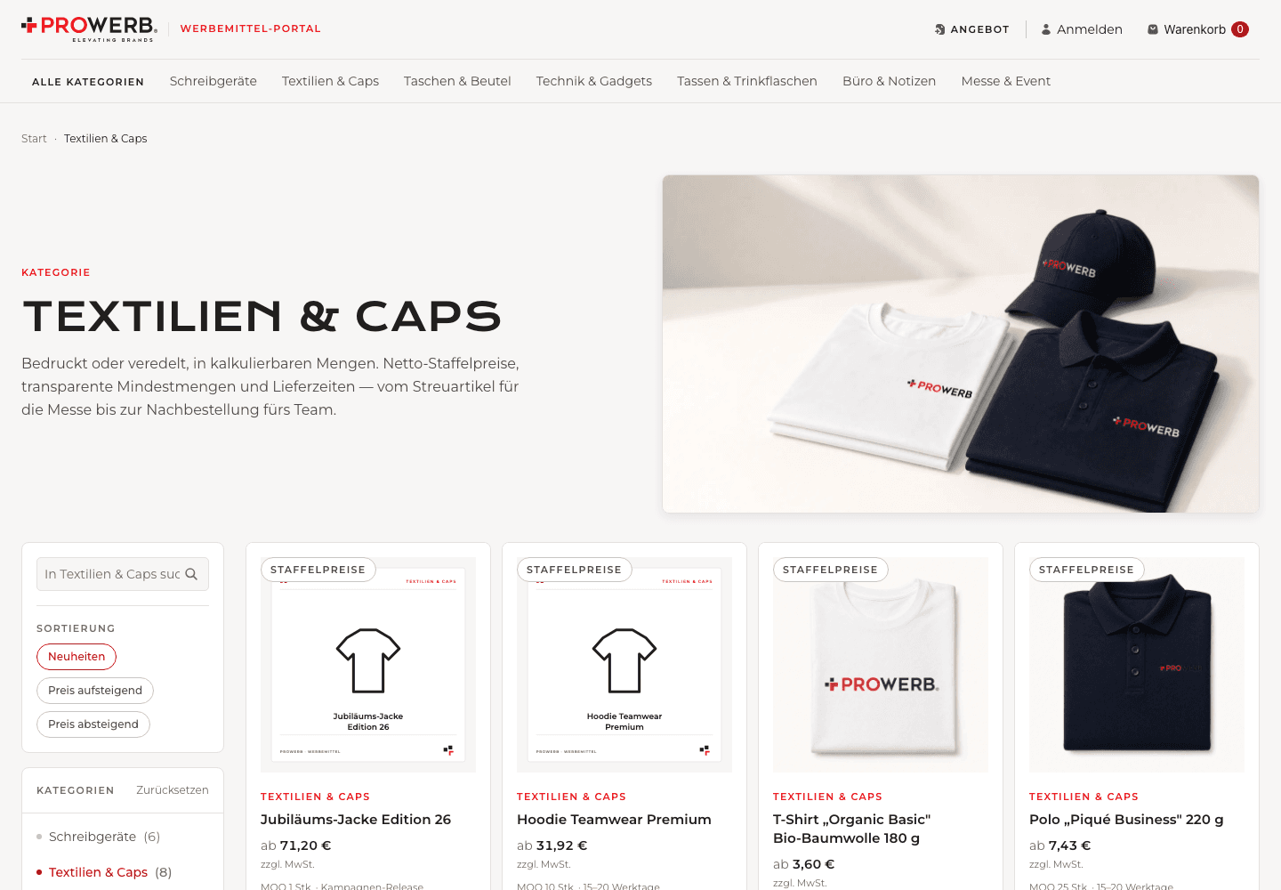 Einblick in einen Agora-Shop: Kategorien, Produktsuche und ein Sortiment für die Teamausstattung.