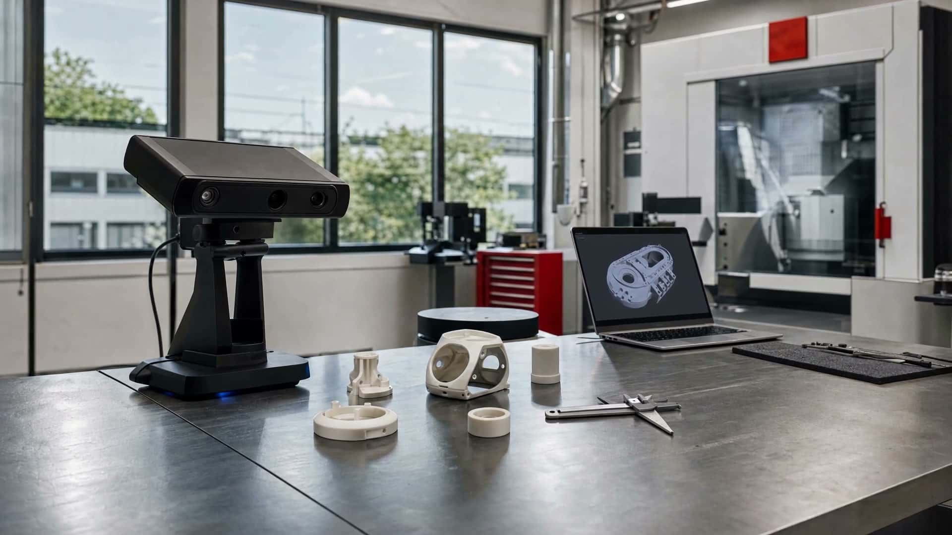 Szenische Ablaufvisualisierung eines 3D-Scan- und Rapid-Prototyping-Arbeitsplatzes.