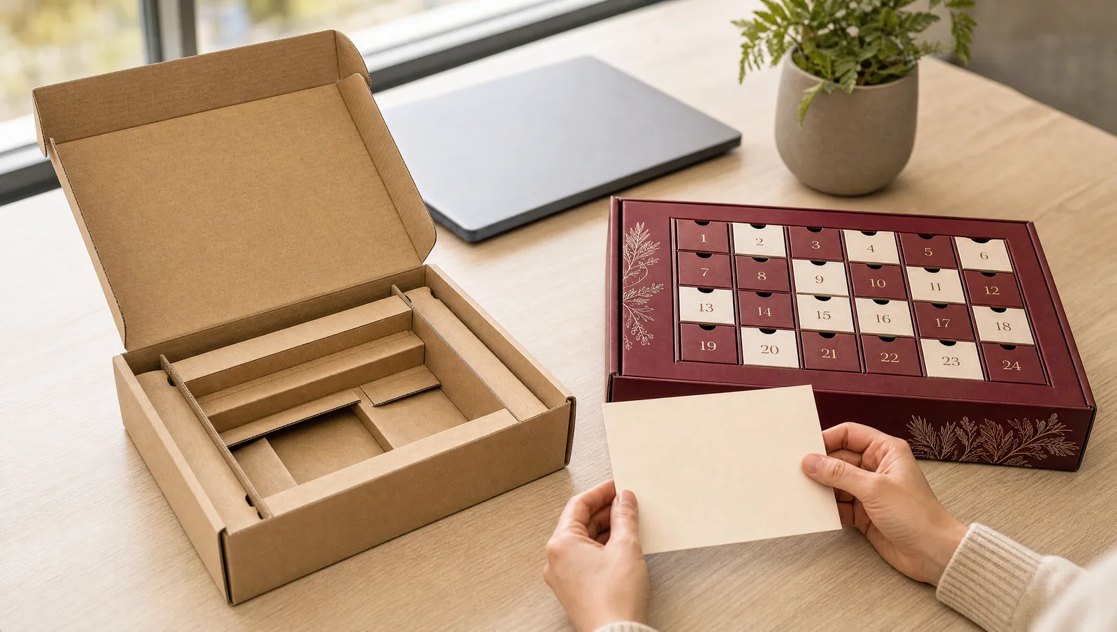 An advent calendar and greeting card are unpacked from a protective shipping box.