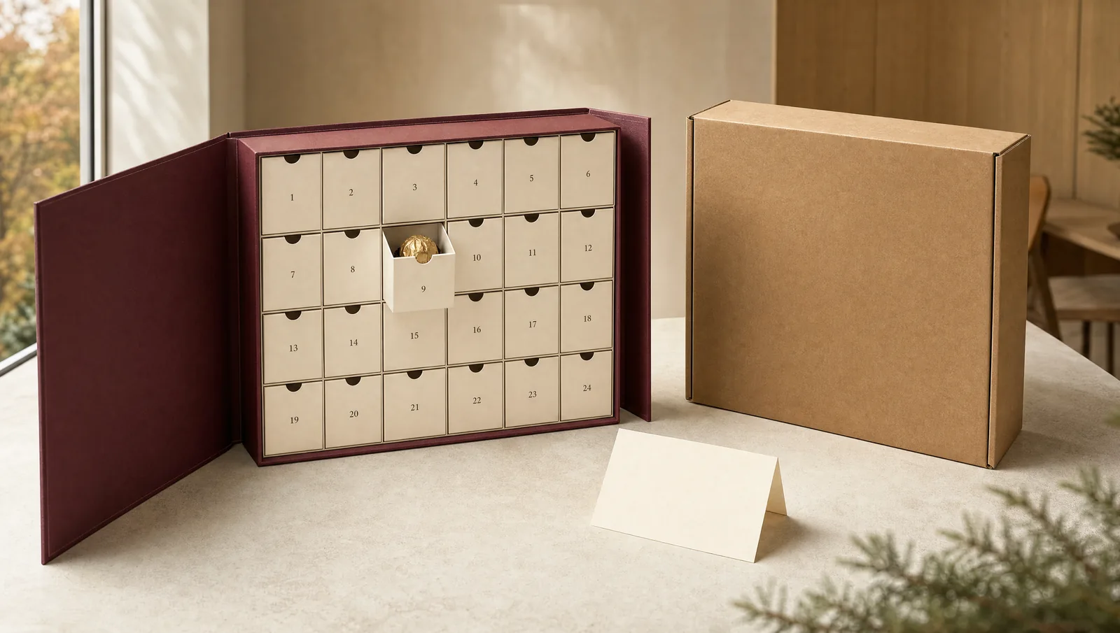 Advent calendar with numbered drawers, a greeting card and matching shipping packaging.