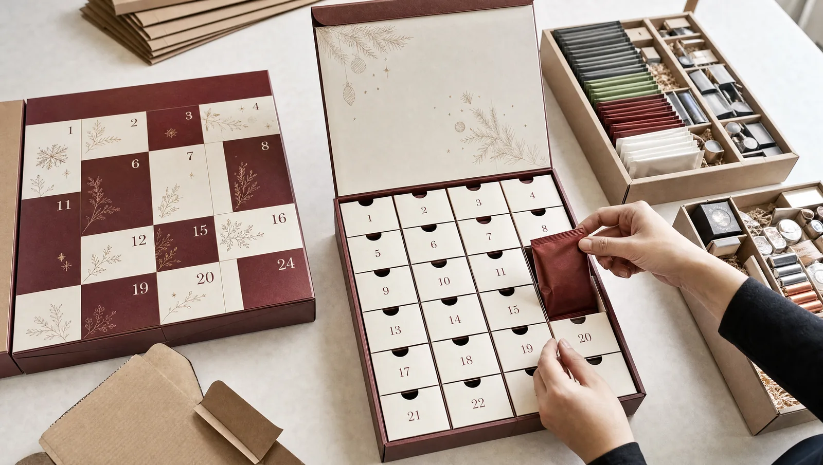 An advent calendar is filled with individually wrapped contents at a packing table.