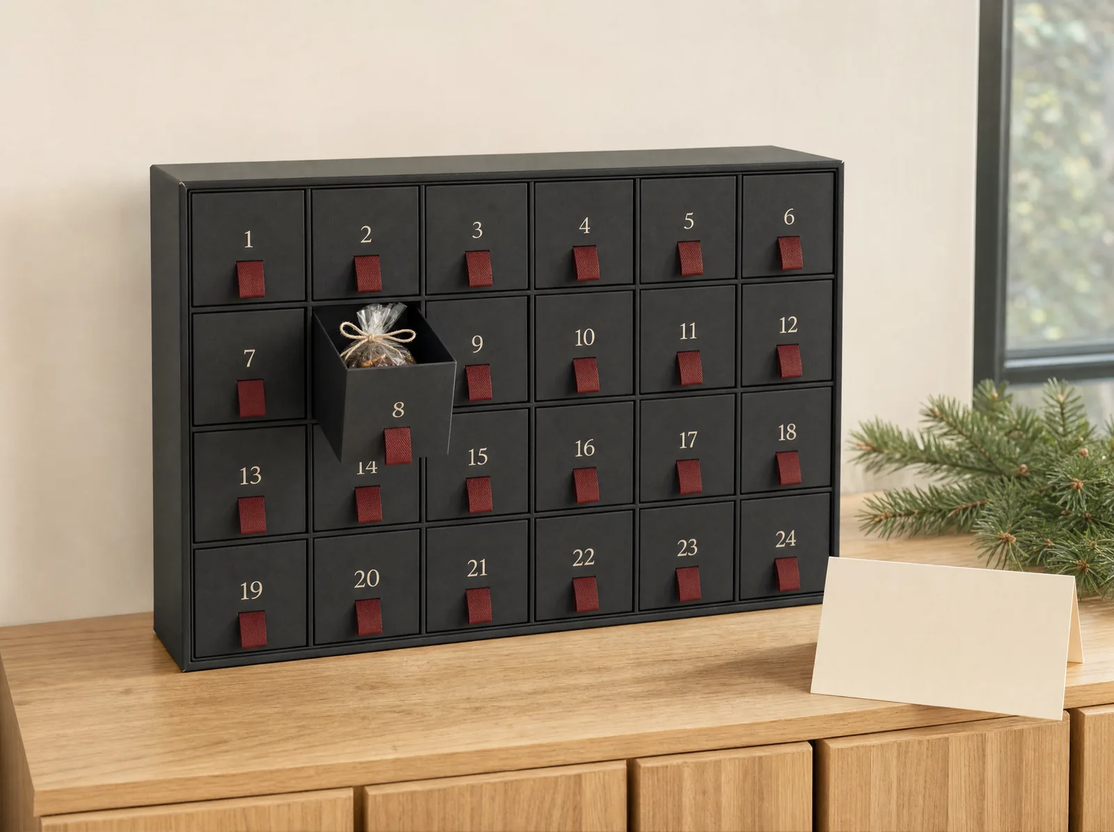Black and cream advent calendar with red pull tabs and a personal greeting card.