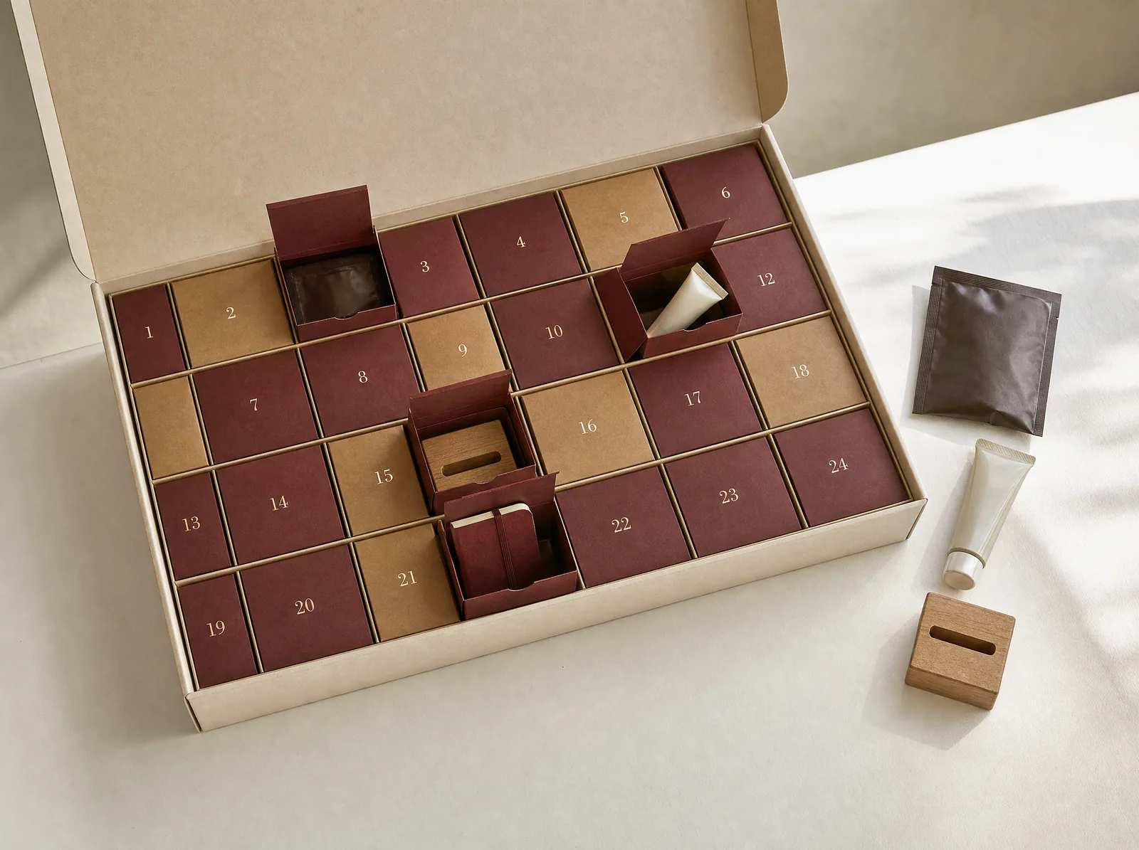 Open advent calendar with small gifts, tea and personal care products.