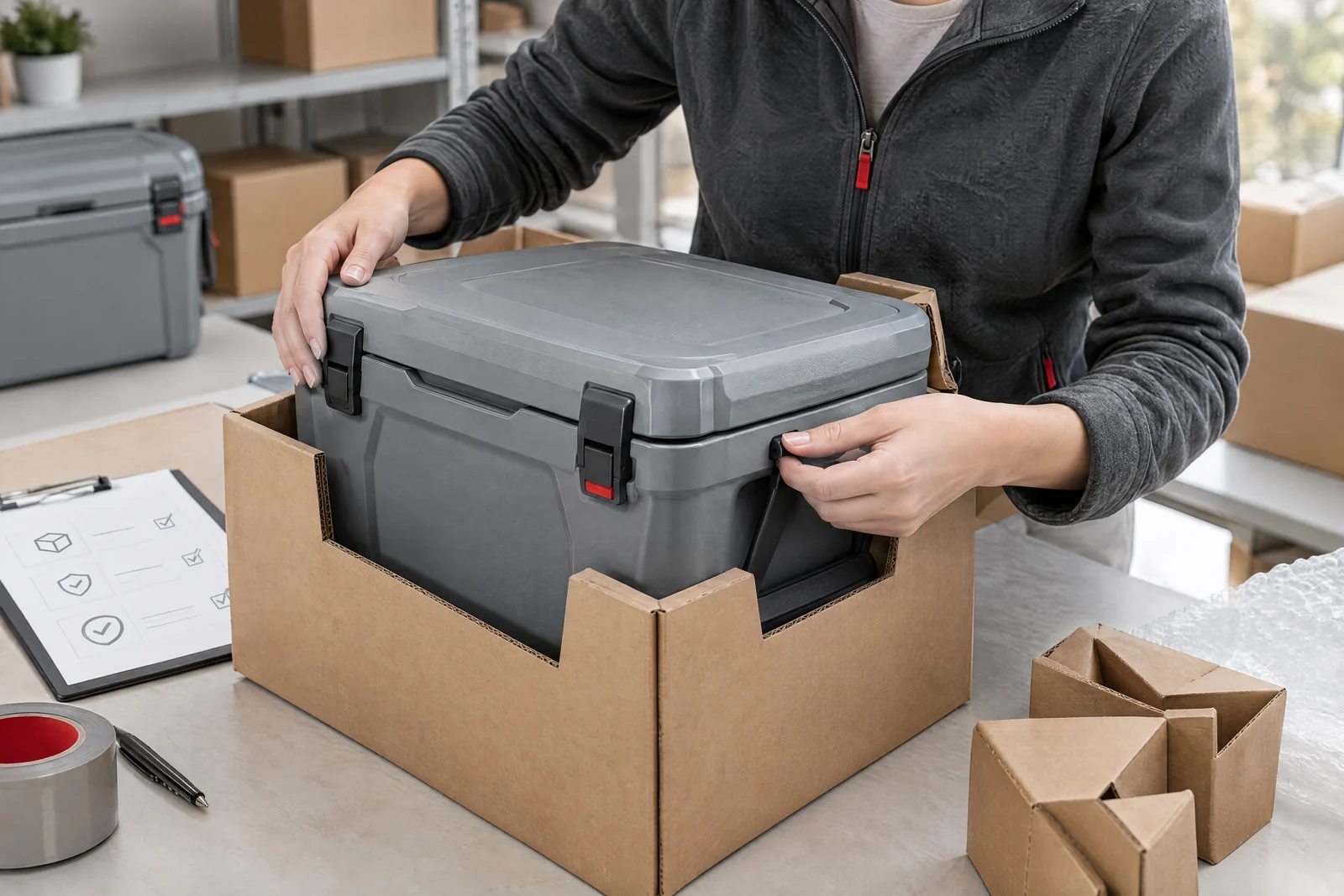 Eine Kühlbox als Prämie prüfen, schützen und für den Einzelversand verpacken.