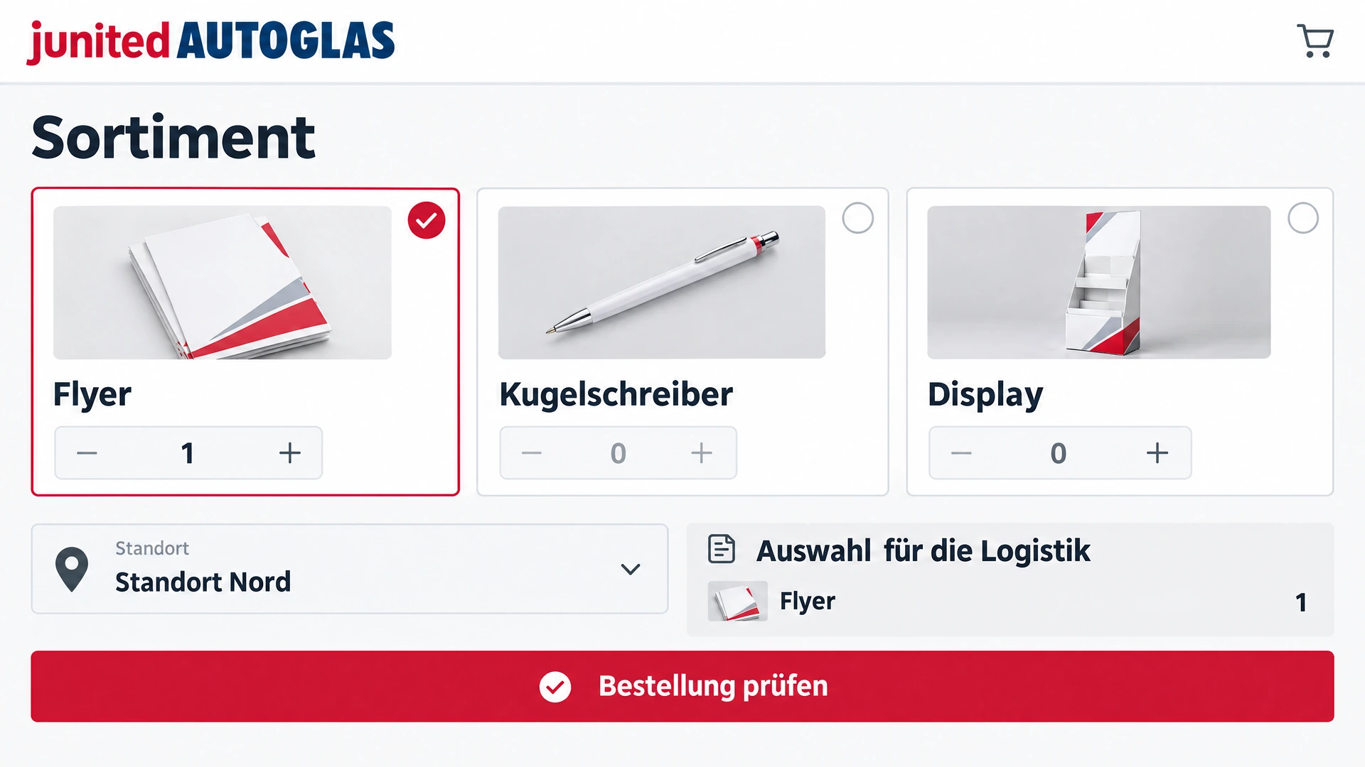 junited Werbemittel-Shop: Ein Standort wählt Artikel und prüft seine Bestellung vor der Übergabe an die Logistik.