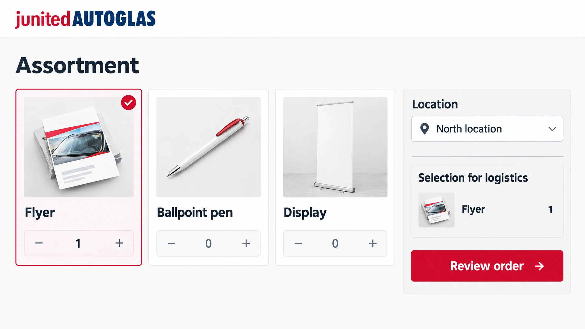junited promotional-products shop: a location selects products and reviews its order before handoff to logistics.