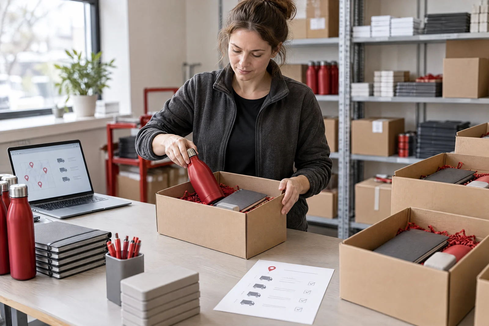 Aktionssets nach Zielort zuordnen und für die Übergabe verpacken.