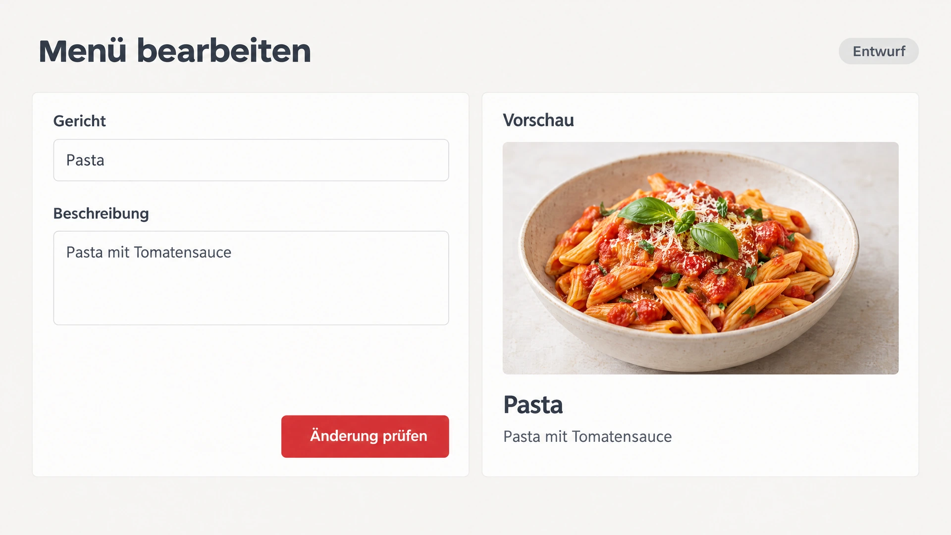 Gericht und Beschreibung bearbeiten, Menüvorschau vergleichen, Änderung prüfen.