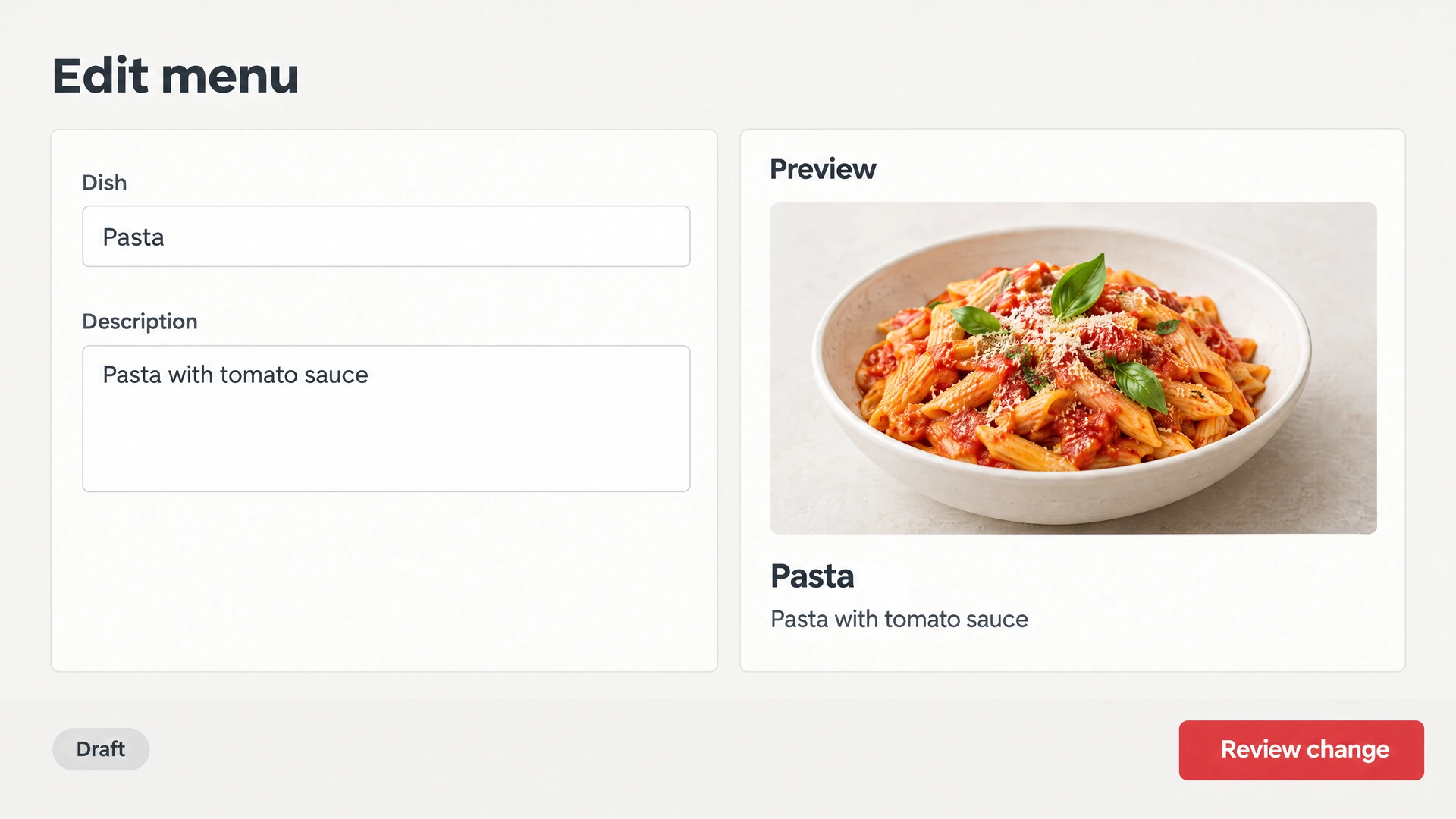 Editing a dish and description, comparing the menu preview and reviewing the change.