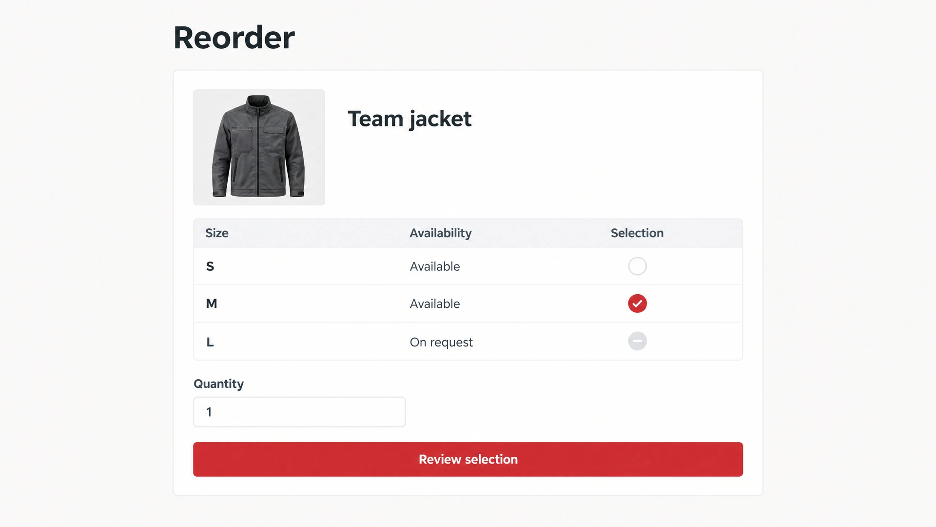 Checking a workwear variant’s size and availability before reordering.