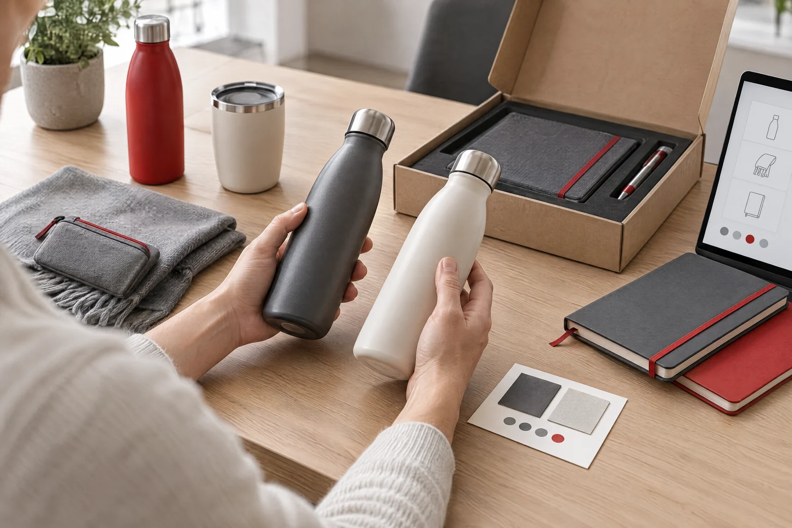 Drinkware, textiles Accessoire und Notizbuch-Set mit unterschiedlichen Oberflächen auf einem Mustertisch.
