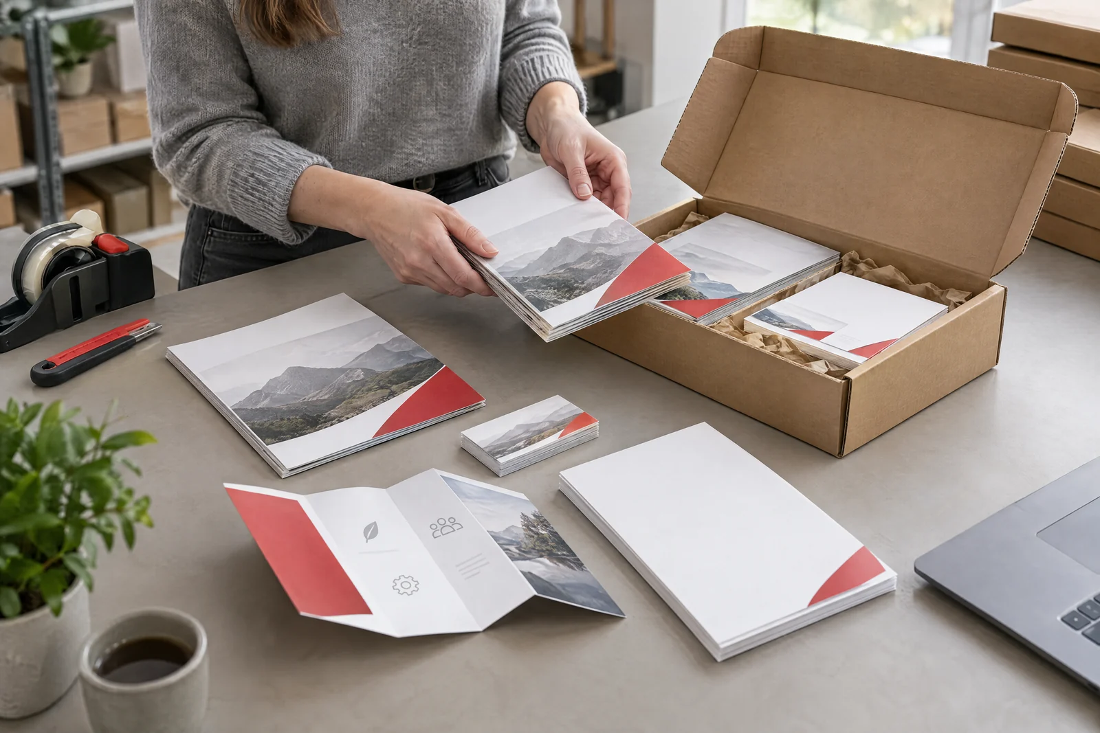 Broschüre, Produktkarte, Faltblatt und Geschäftspapier neben einem vorbereiteten Nachschubkarton.