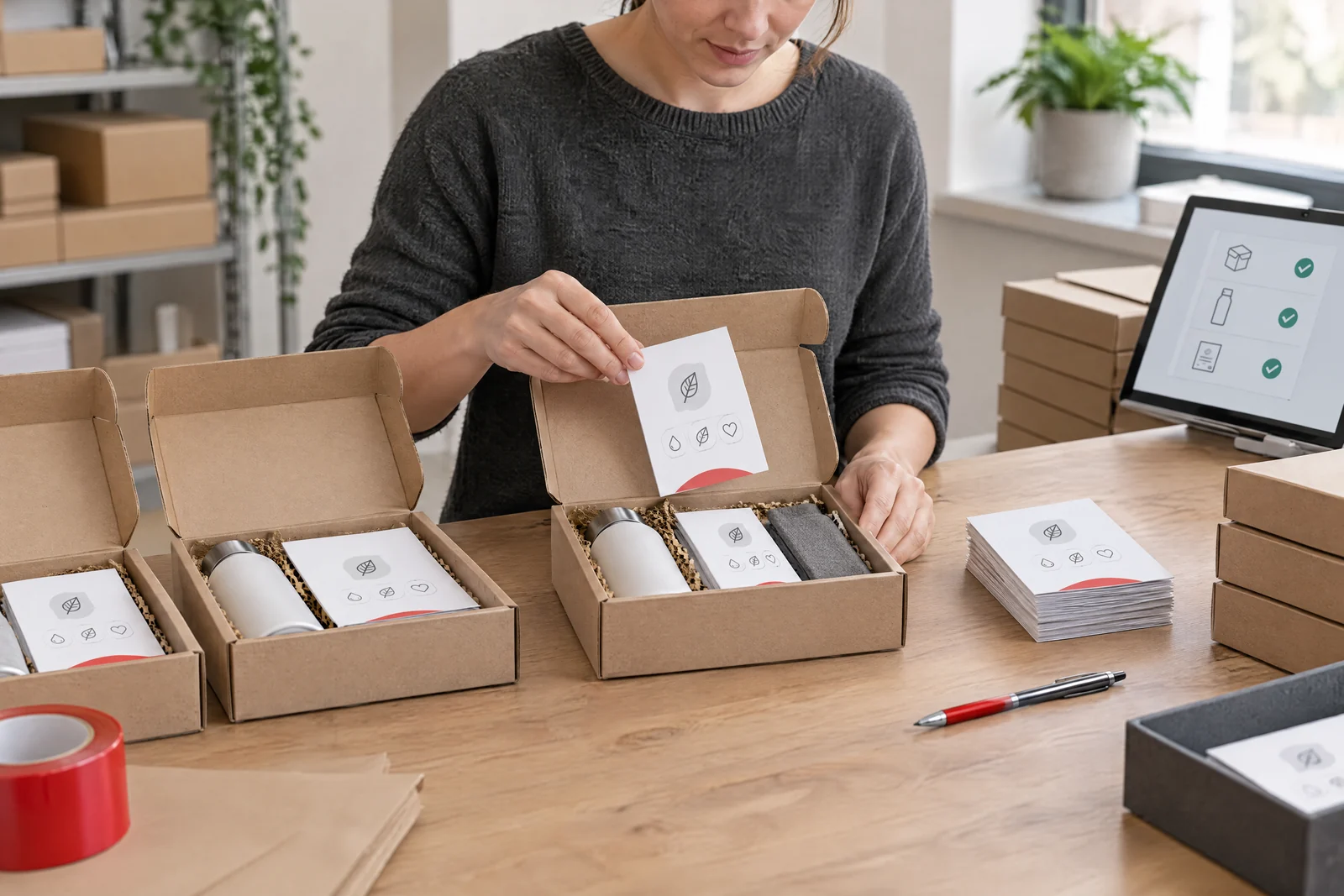 Sampling-Sets mit Produktprobe und Beileger bei der Vollständigkeitskontrolle vor dem Packen.