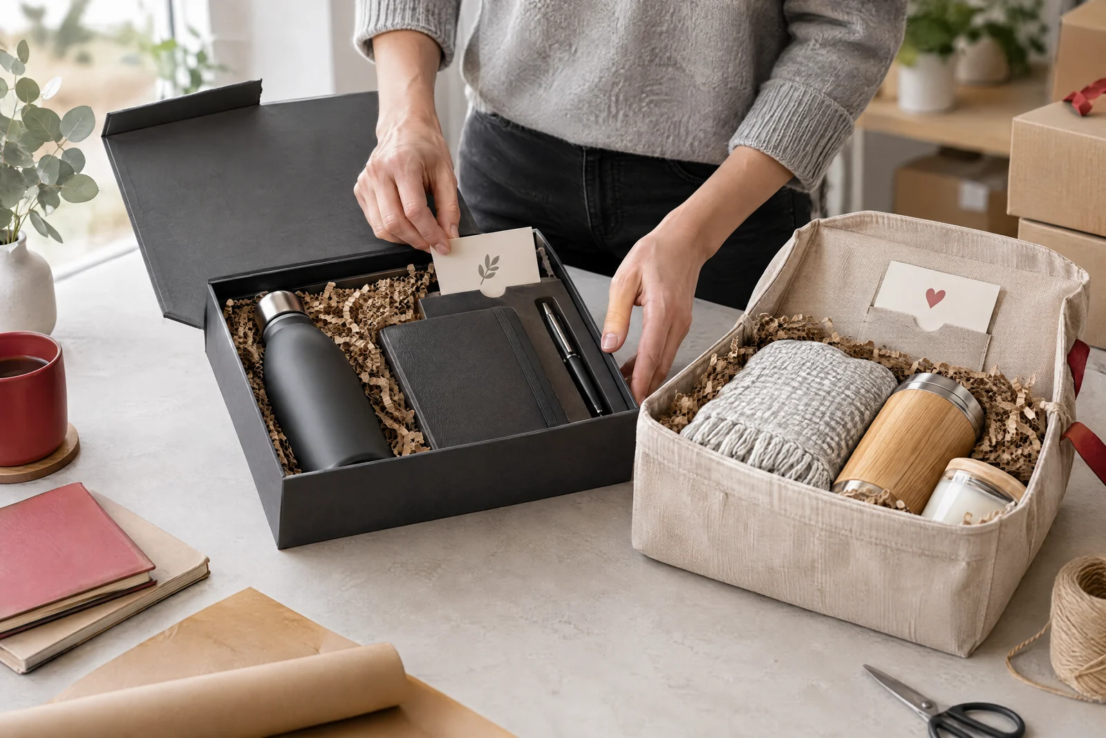 Zwei offene Geschenksets mit fester Box und textiler Verpackung sowie Platz für eine persönliche Karte.