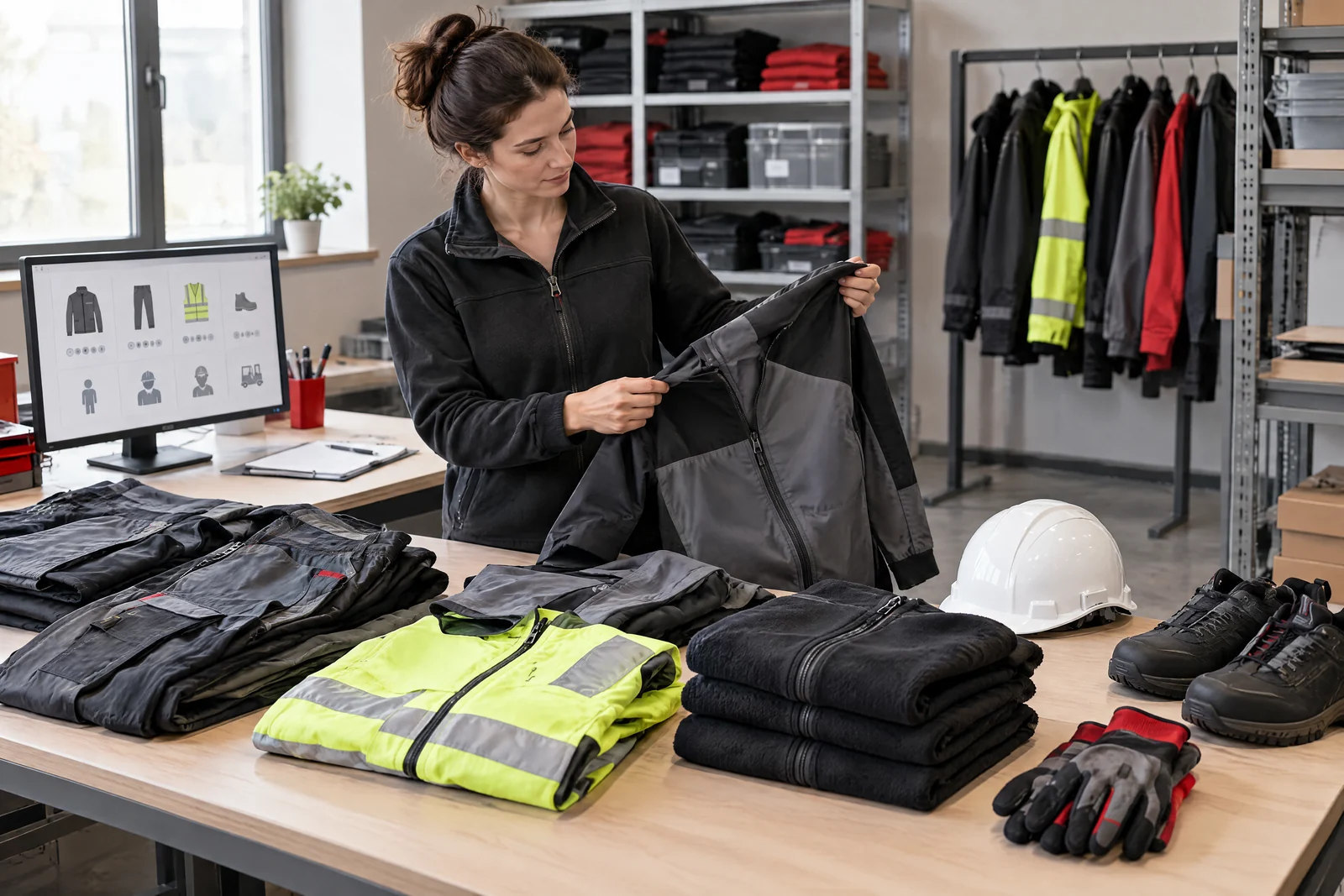 Verschiedene Schutzbekleidungsarten und Größen bei der Prüfung einer rollenbezogenen Ausstattung.