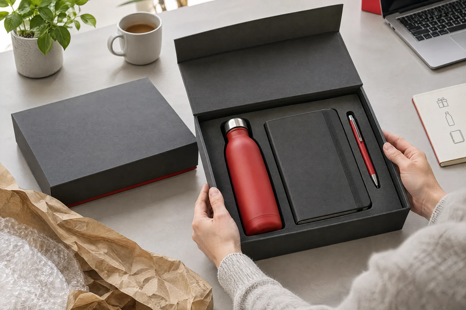 Eine Präsentverpackung geschlossen und geöffnet mit passendem Inlay, Produkt und Versandschutz.