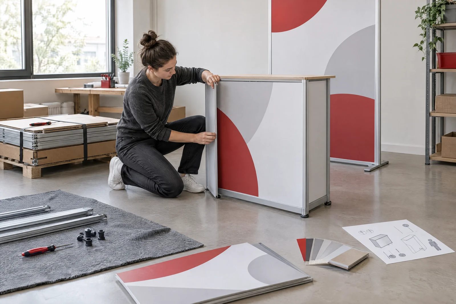 Bedruckte Displayteile beim Aufbau mit sichtbarem Standfuß, Verbindungen und flachem Transportzustand.