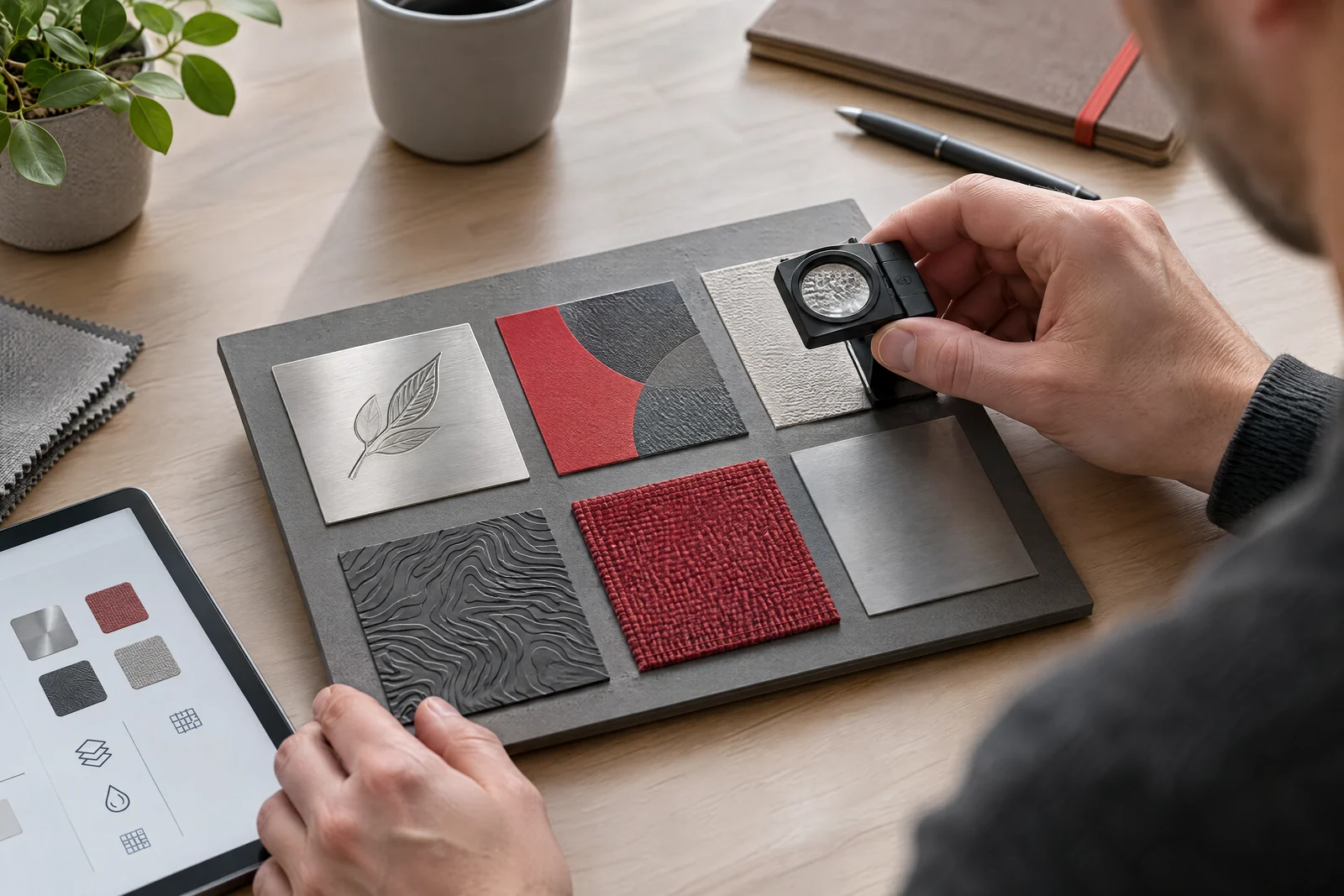 Musterflächen mit Metallgravur, erhabener Veredelung und textilem Finish im Streiflicht.